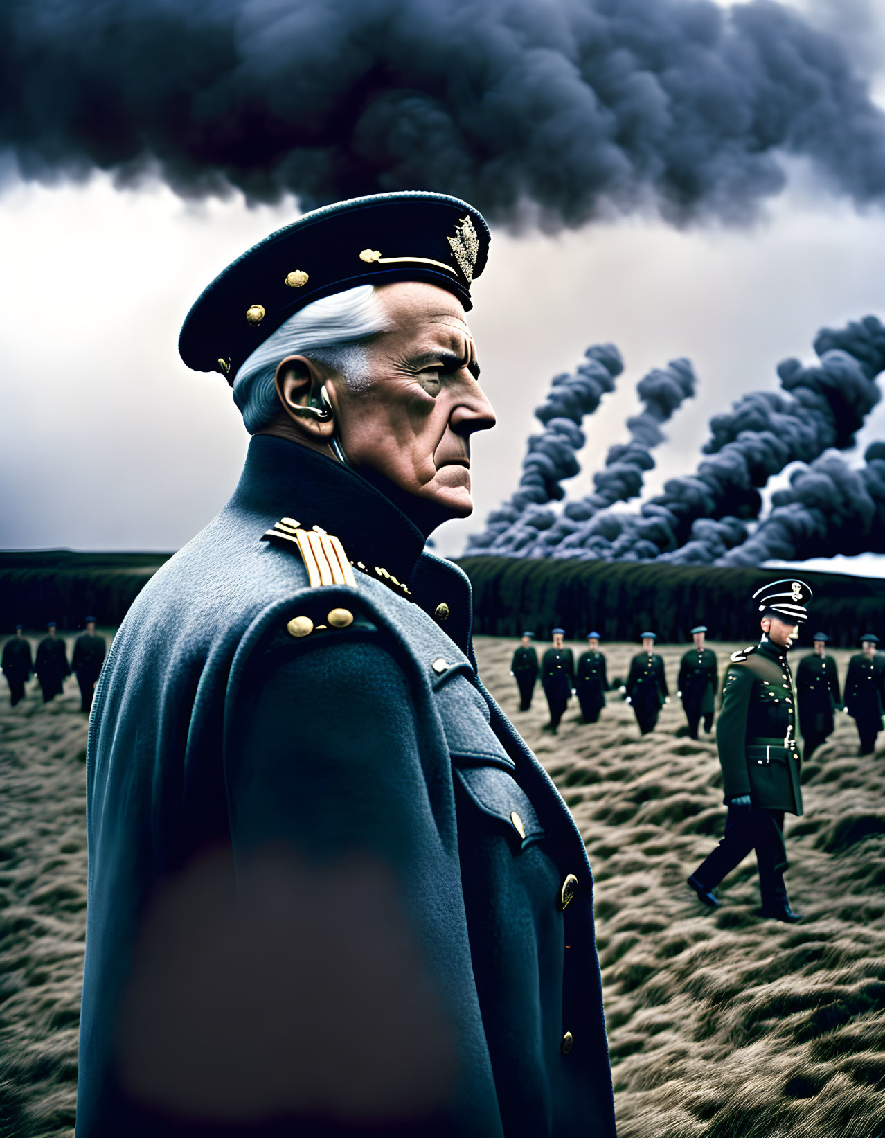Older Military Officer in Blue Uniform with Troops and Smoke Background