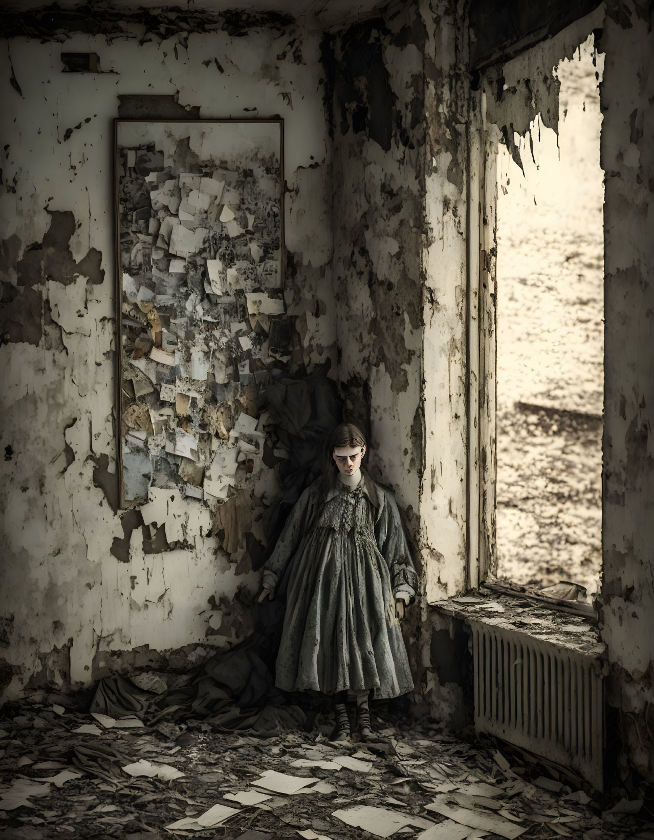 Vintage-dressed girl in dilapidated room near barren landscape