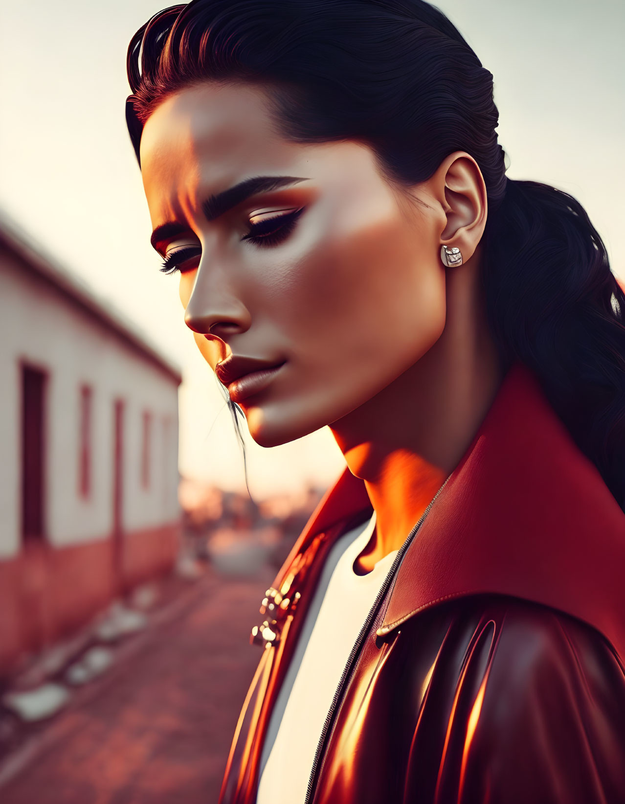Slicked-back hairstyle woman in red leather jacket with dramatic makeup