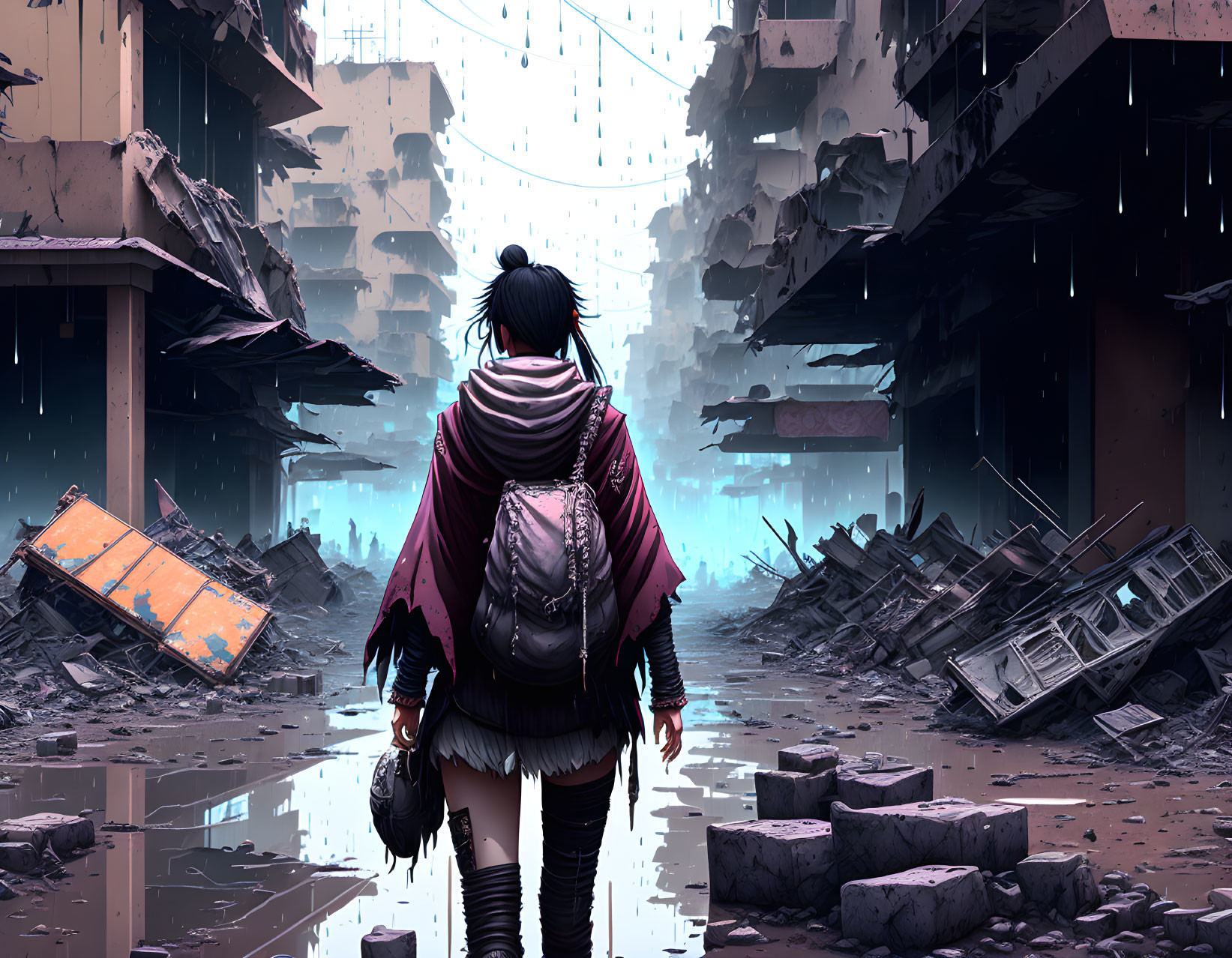 Person standing amidst ruins in dilapidated cityscape under gloomy sky