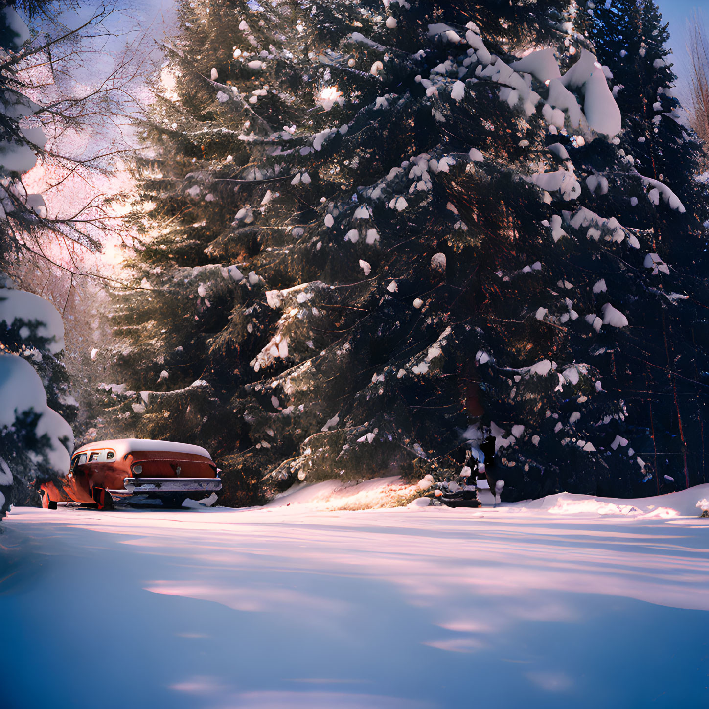 Vintage car parked in snowy forest with sunlight filtering through pine trees