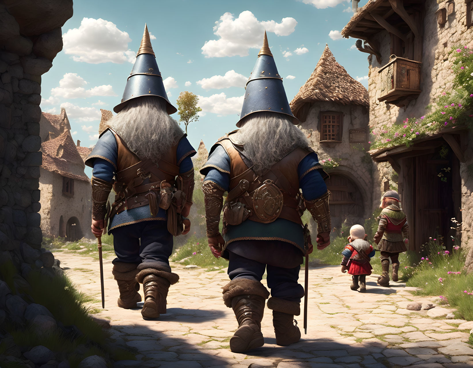 Armored dwarves with large helmets and walking sticks meet a village child on a sunny day