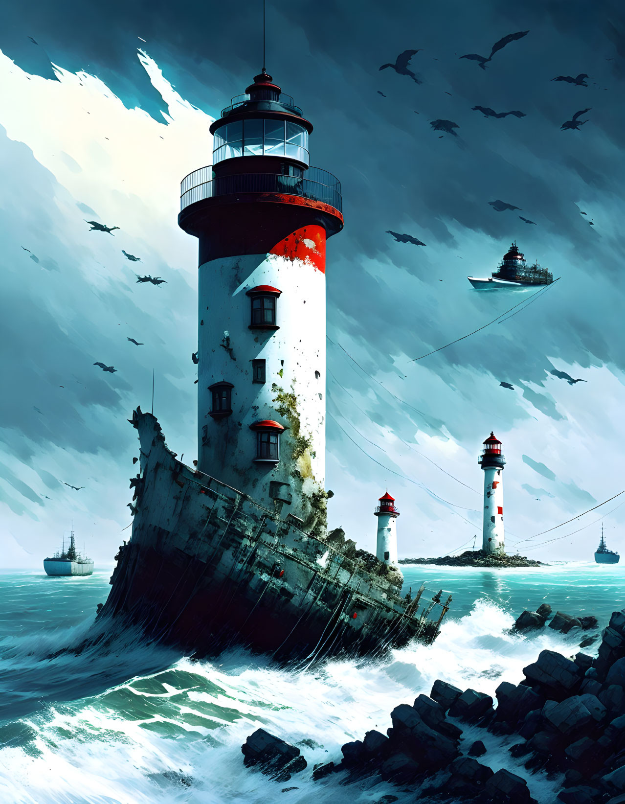 Digital art: Multiple lighthouses on rugged coast with ships and stormy sky