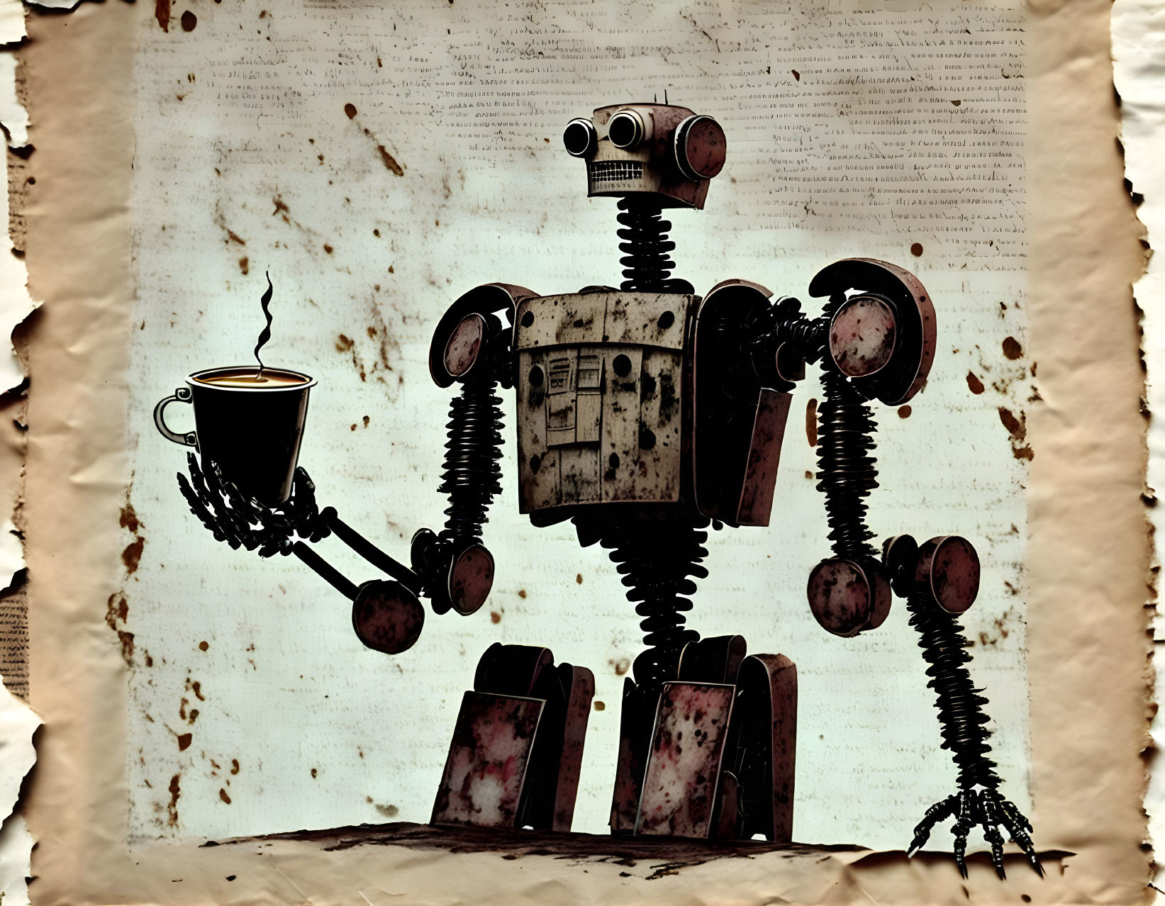 Vintage Robot Illustration with Coffee Cup on Aged Paper Background