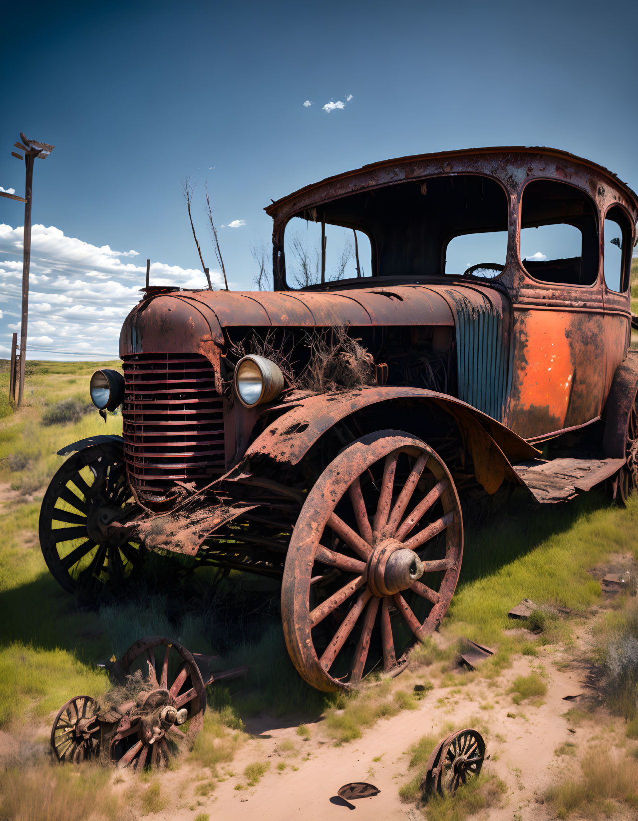 Abandoned rusty car with broken wheels in grassy field under blue sky