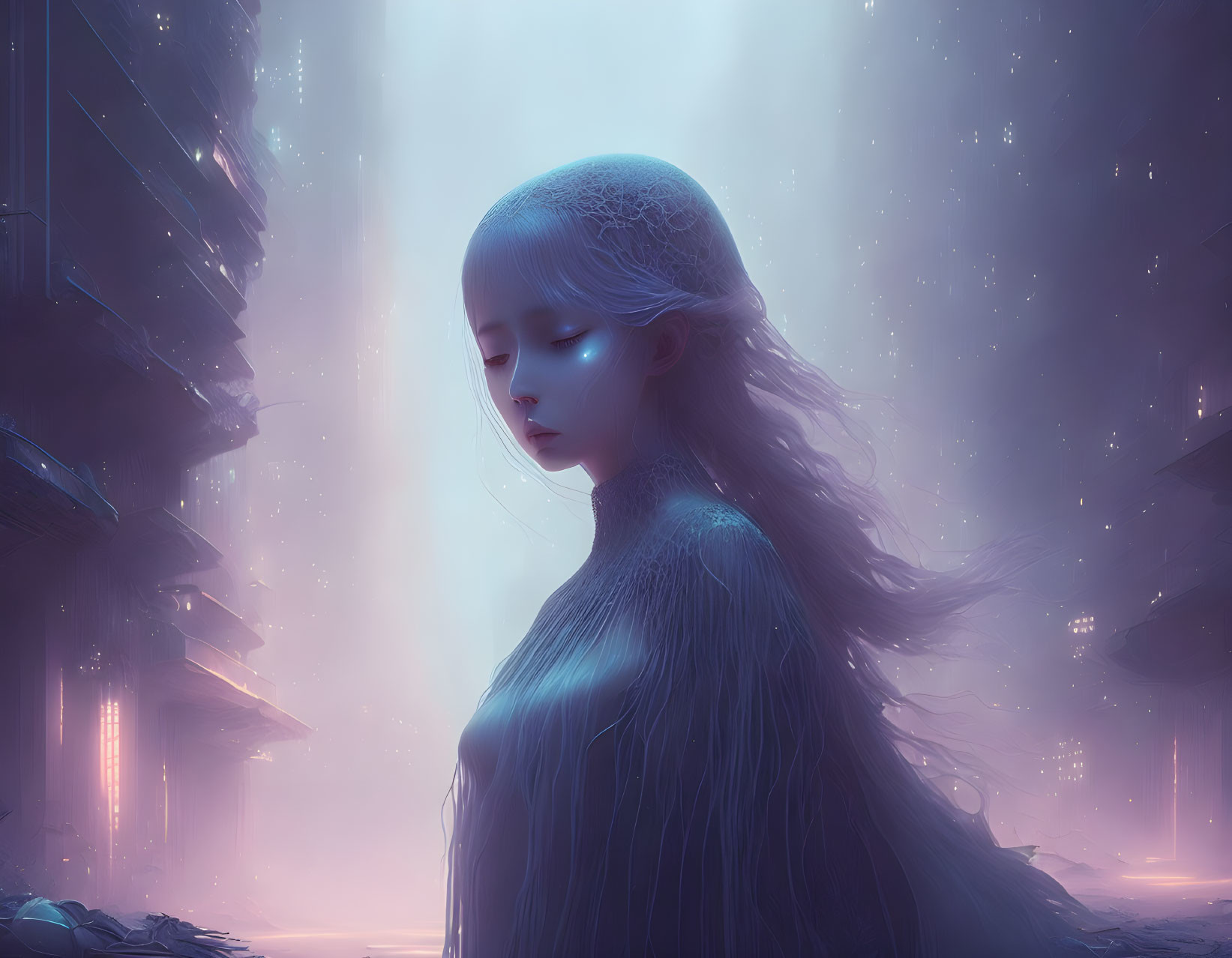 Ethereal woman in futuristic cityscape at twilight