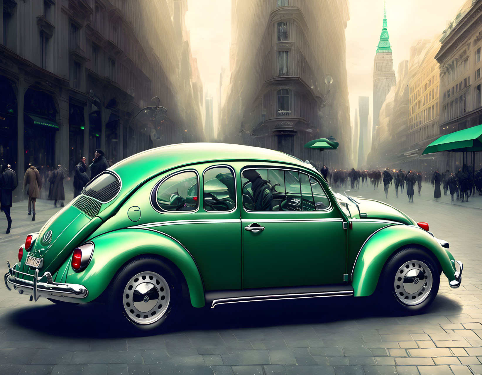 Vintage green Volkswagen Beetle parked on city street with pedestrians and sunrays.