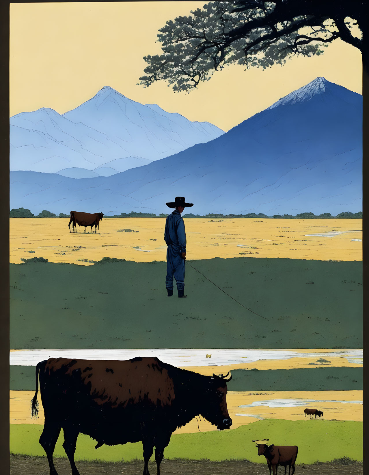 Serene landscape with mountains, person in hat, cattle, lush fields, blue sky