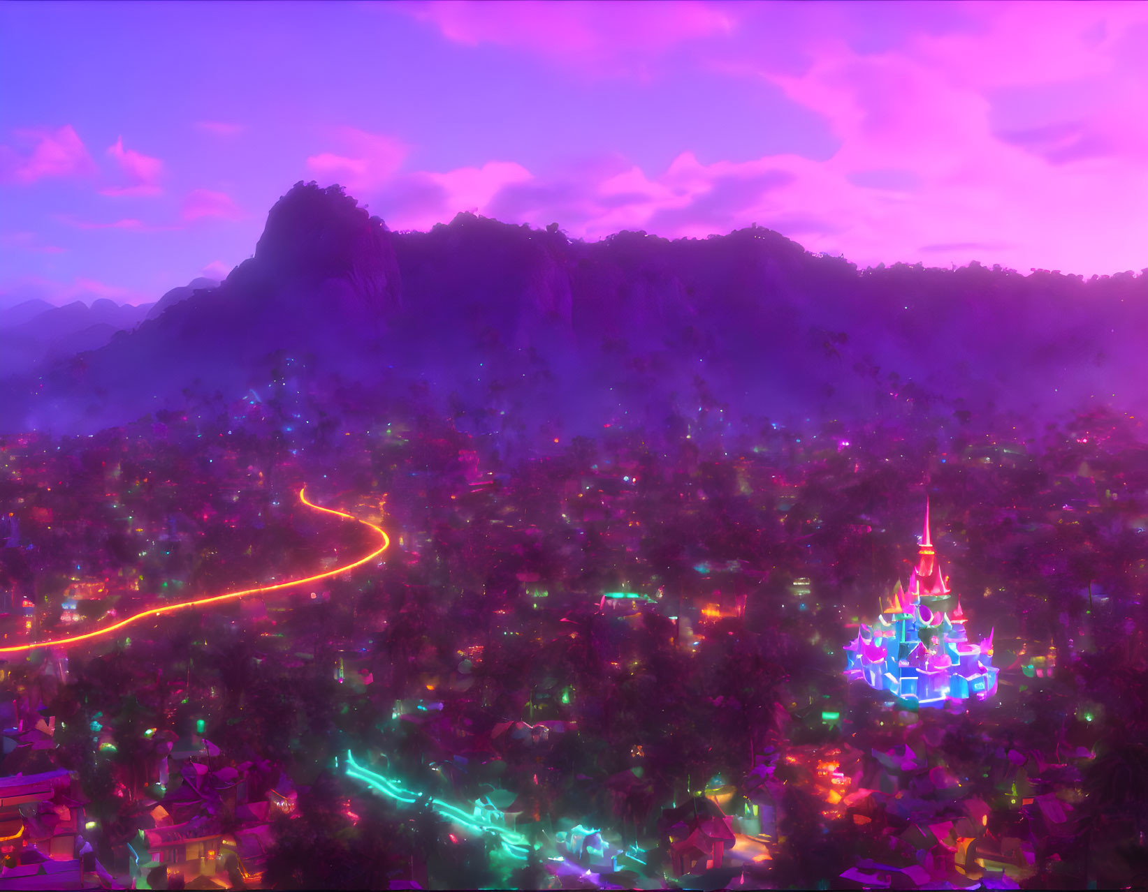 Fantastical landscape with neon colors, castle, and colorful forest path