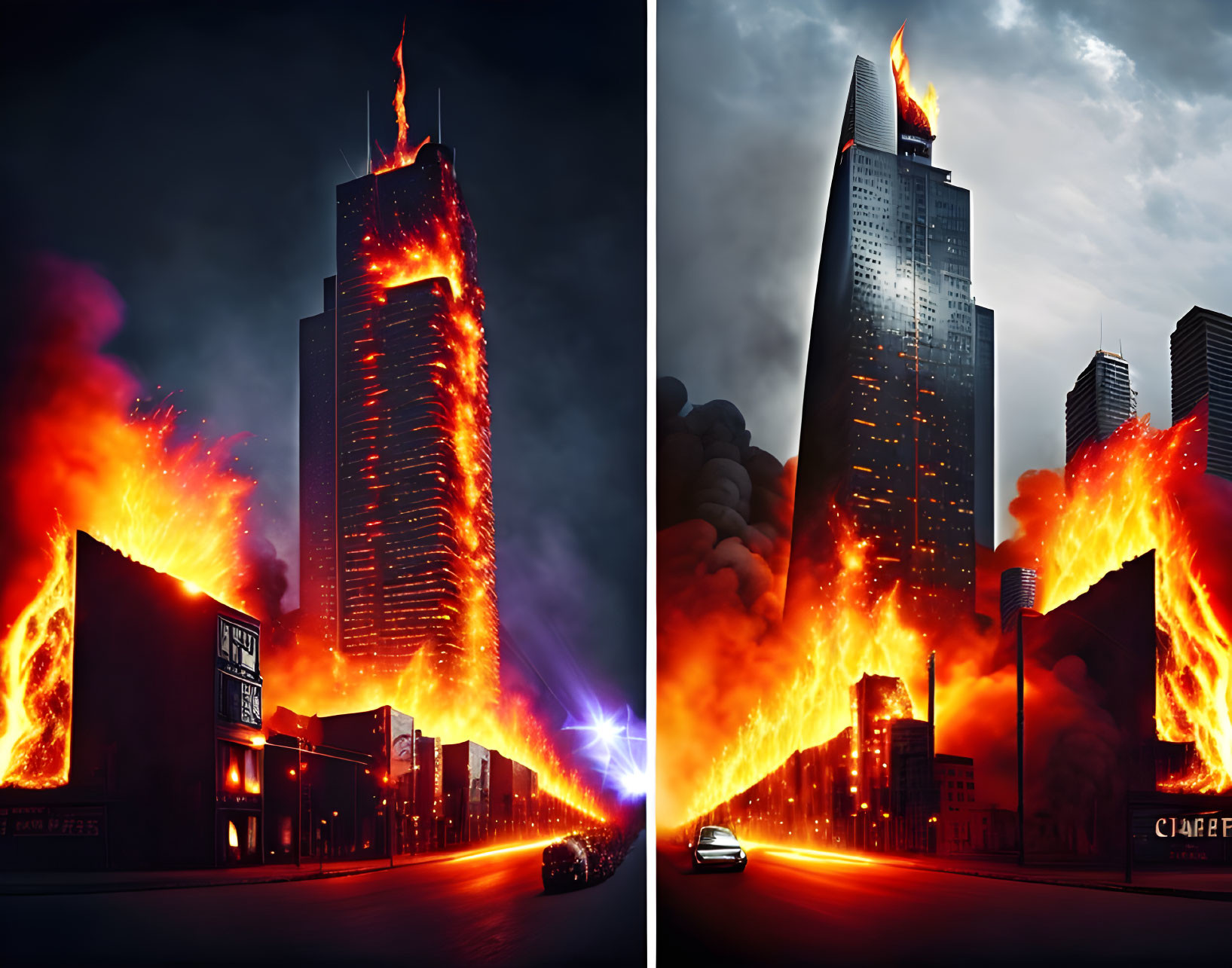 Dramatic night scene of skyscrapers on fire
