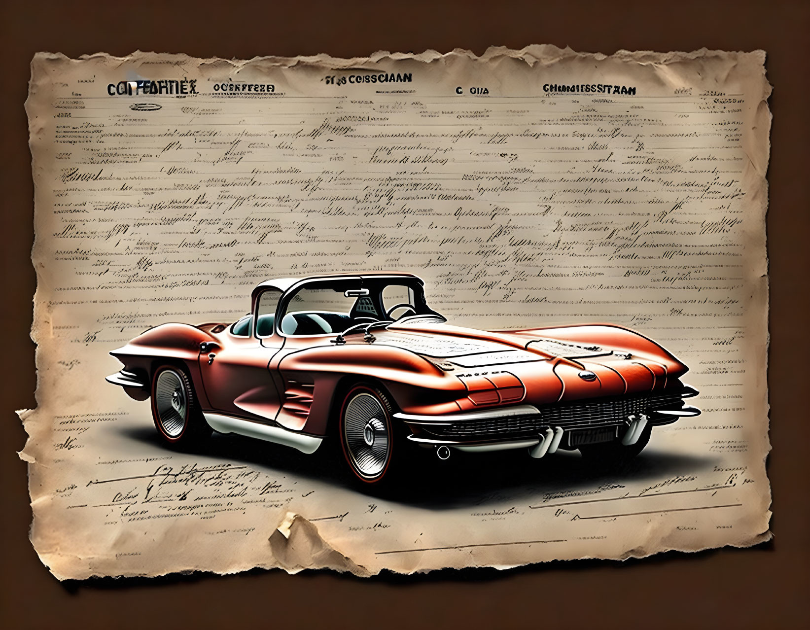 Classic Red and White Corvette Vintage-Style Illustration on Parchment Background