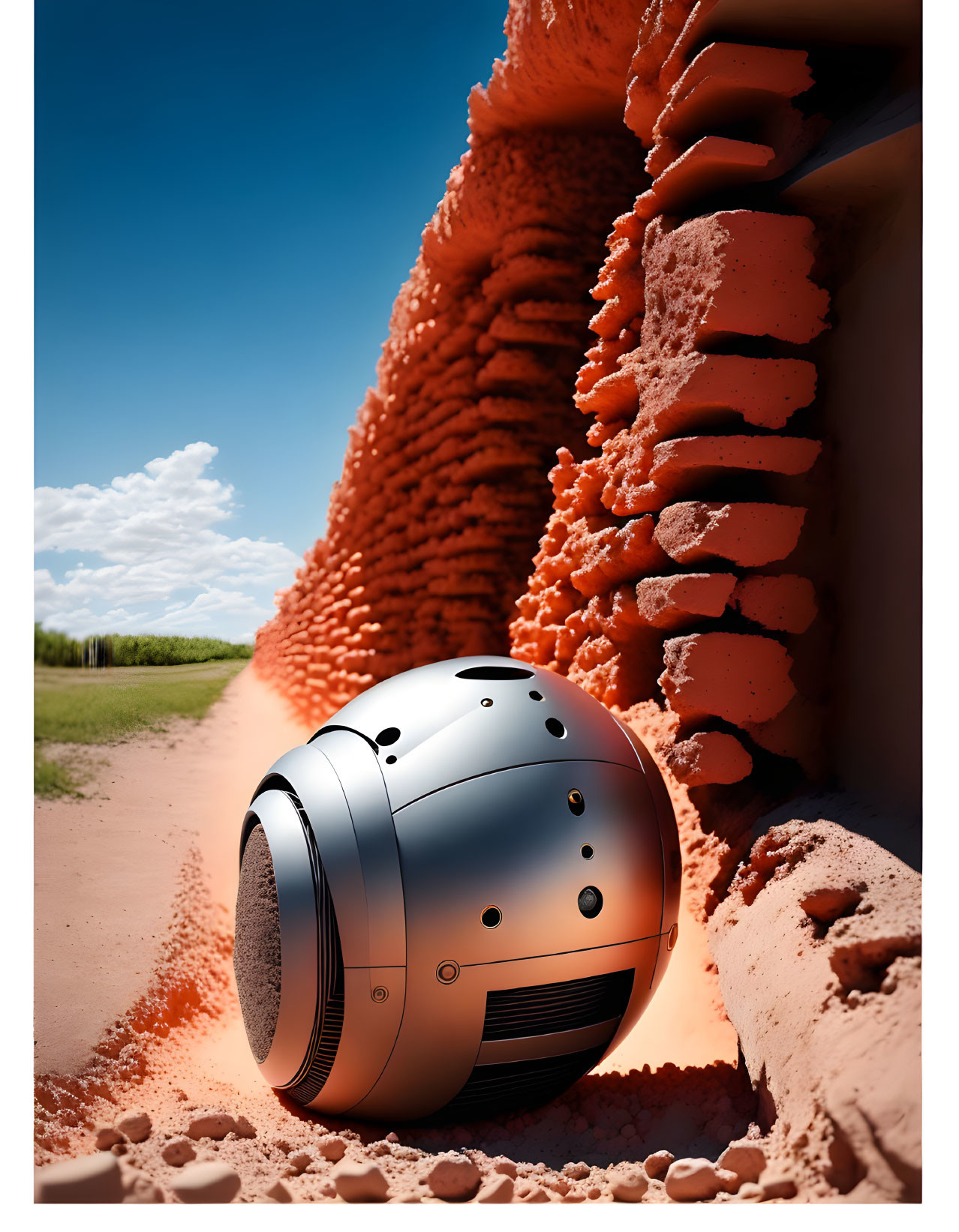 Futuristic spherical robot in desert canyon under blue sky