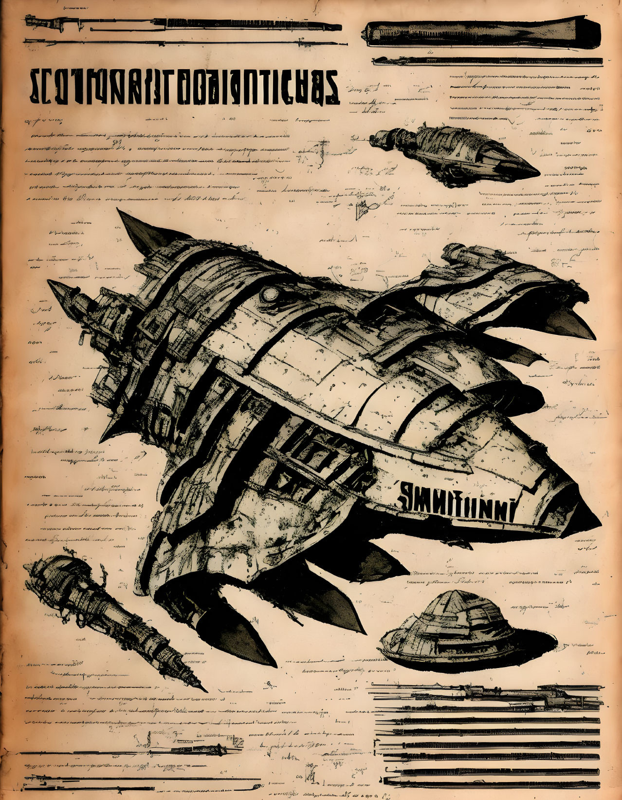Vintage-style spacecraft designs with annotations - reminiscent of early sci-fi blueprints