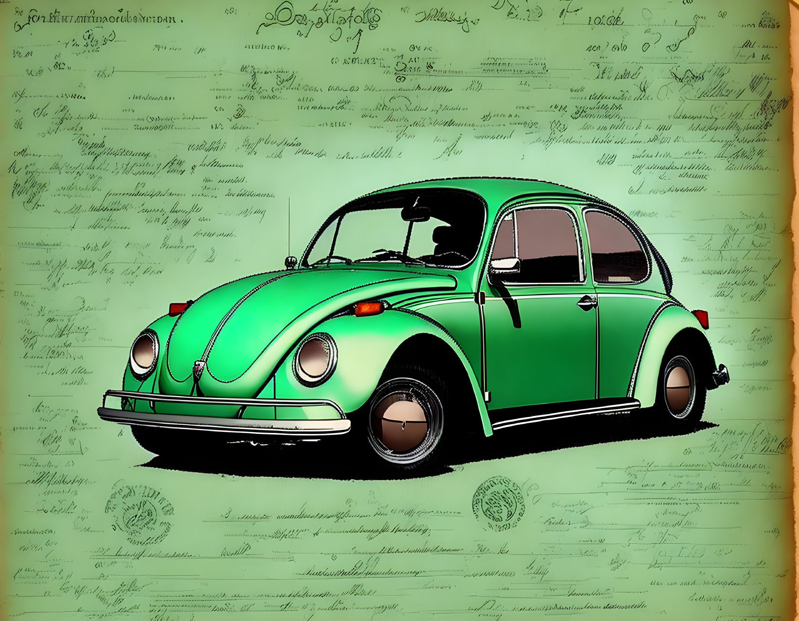 Vintage Green Volkswagen Beetle on Cursive Background