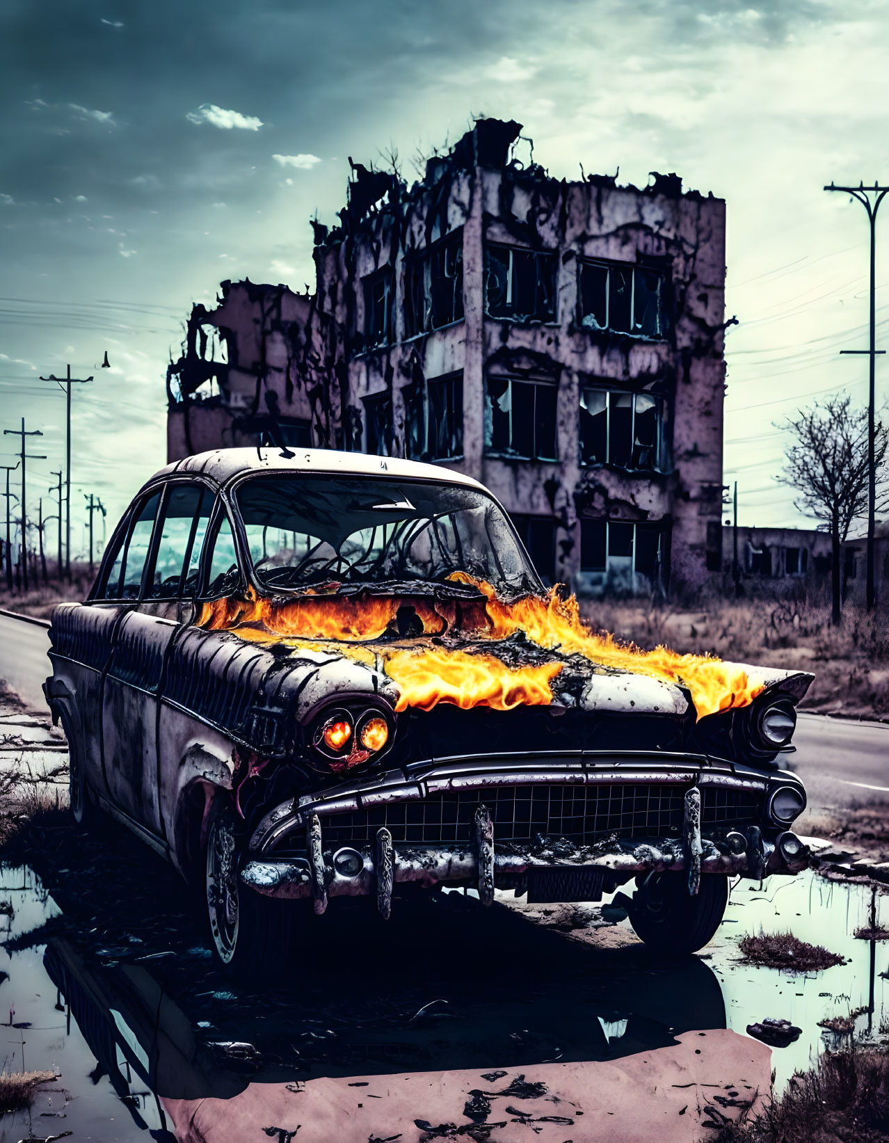 Vintage Car with Flames Parked on Desolate Road