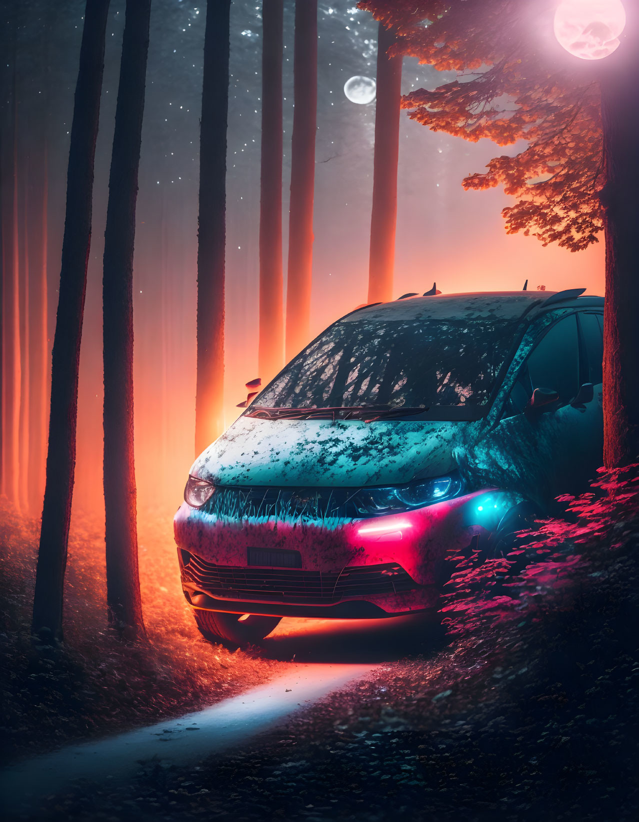 Parked car with illuminated headlights in misty forest trail at twilight