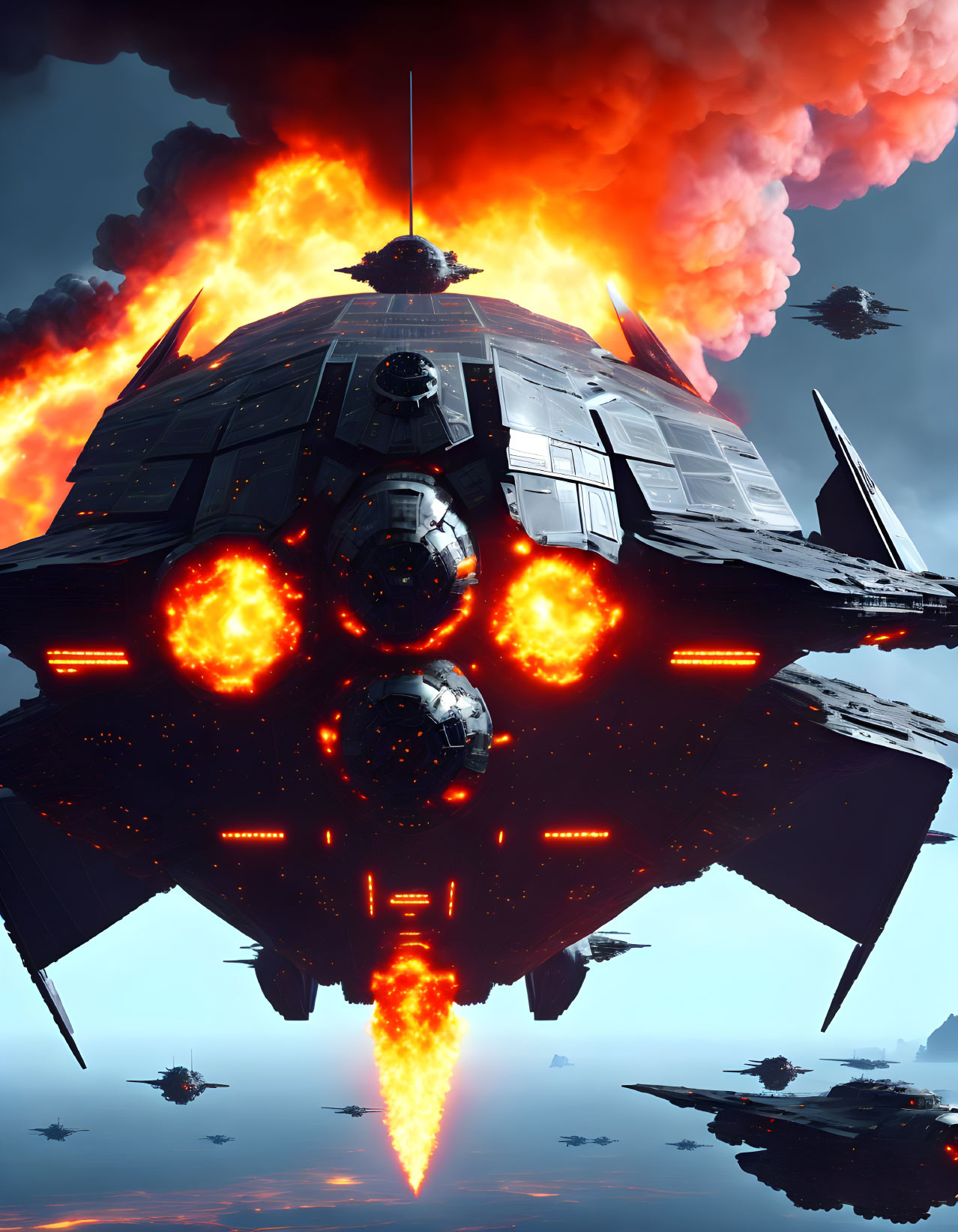 Futuristic spaceship firing weapons in dramatic sky