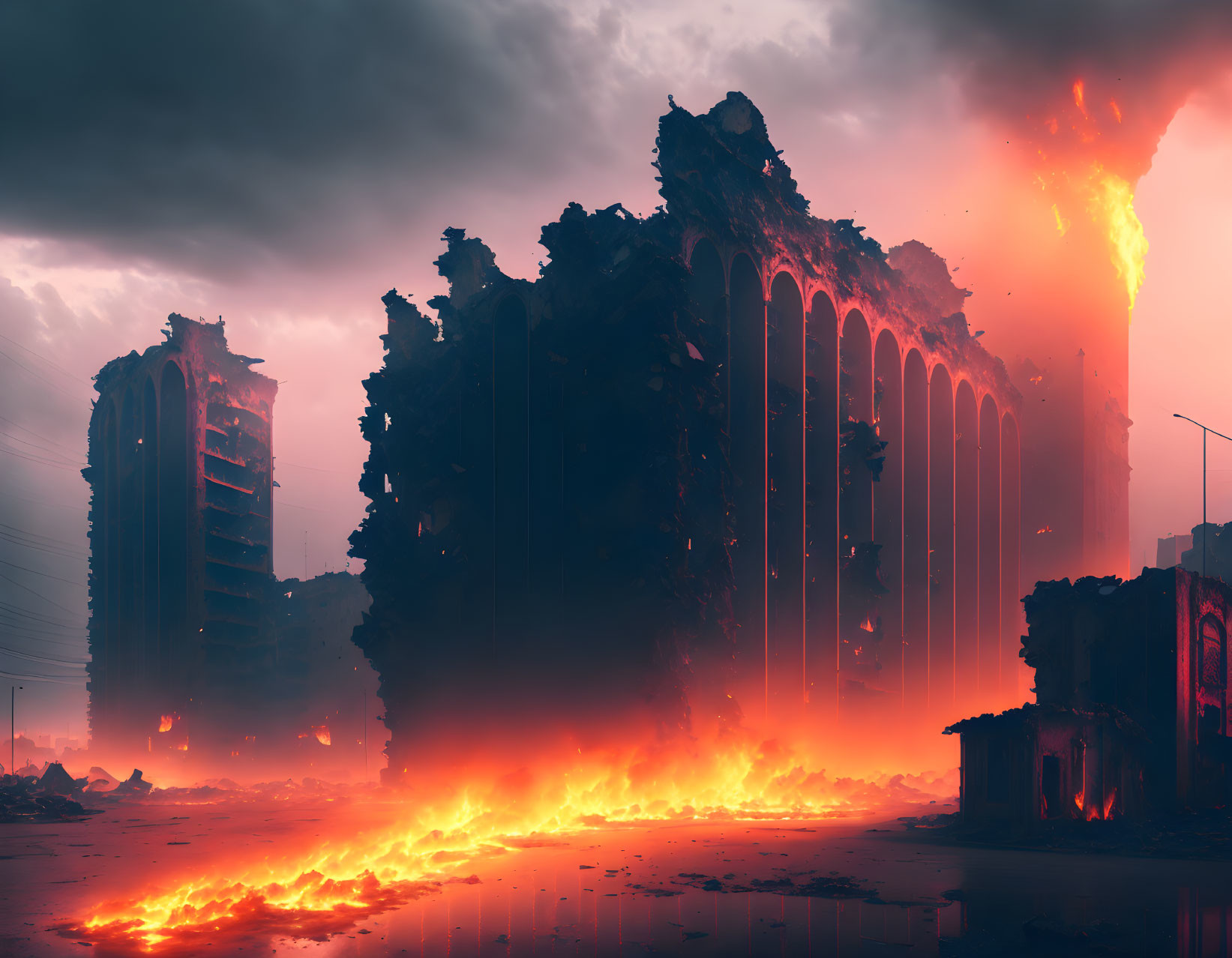 Dystopian scene with crumbling Gothic architecture and rivers of lava