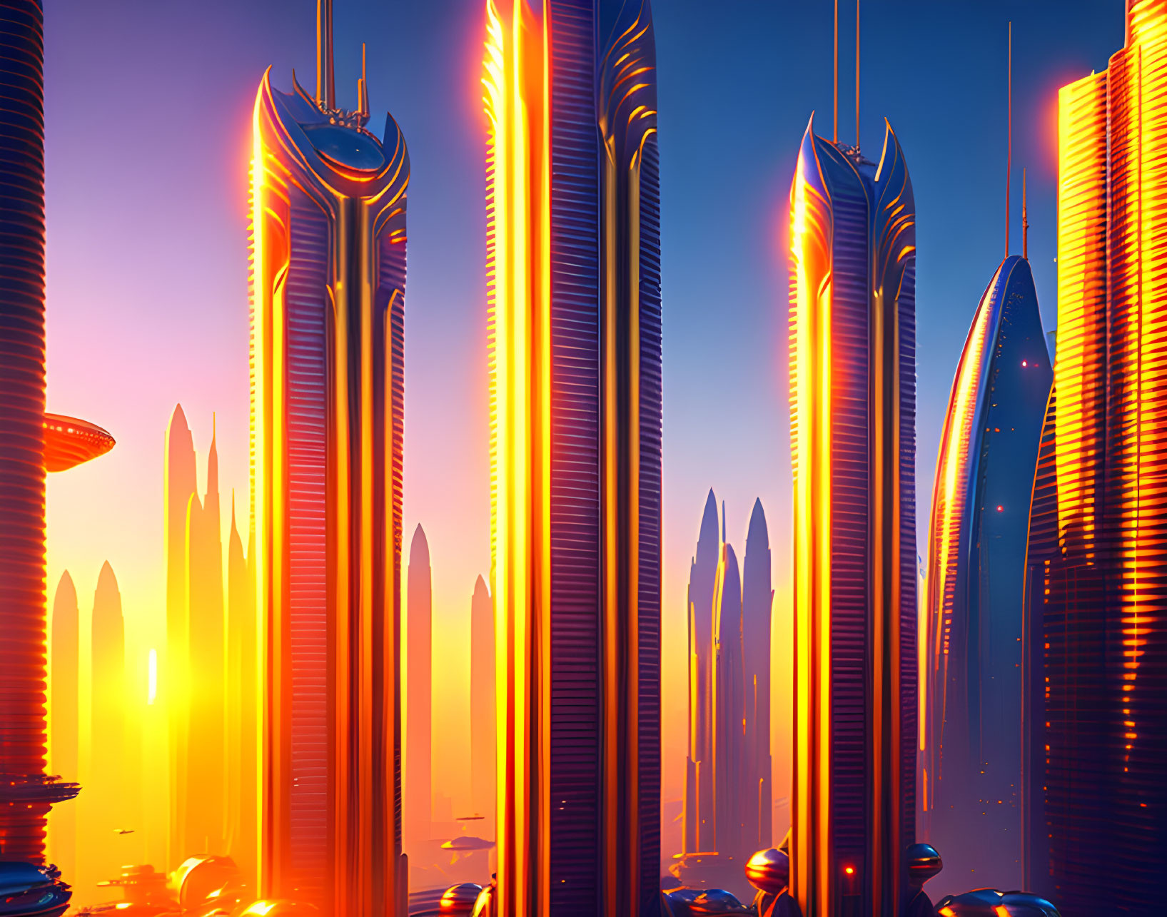Futuristic city skyline with illuminated skyscrapers at sunset
