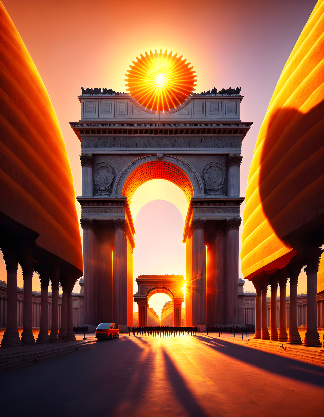Iconic Arc de Triomphe with sunburst effect and long shadows on orange avenue