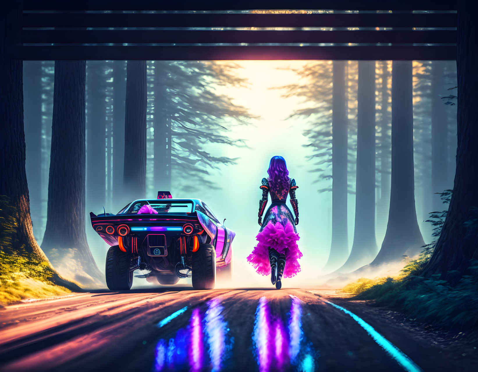 Person in purple outfit walking to classic muscle car in misty, neon-lit forest