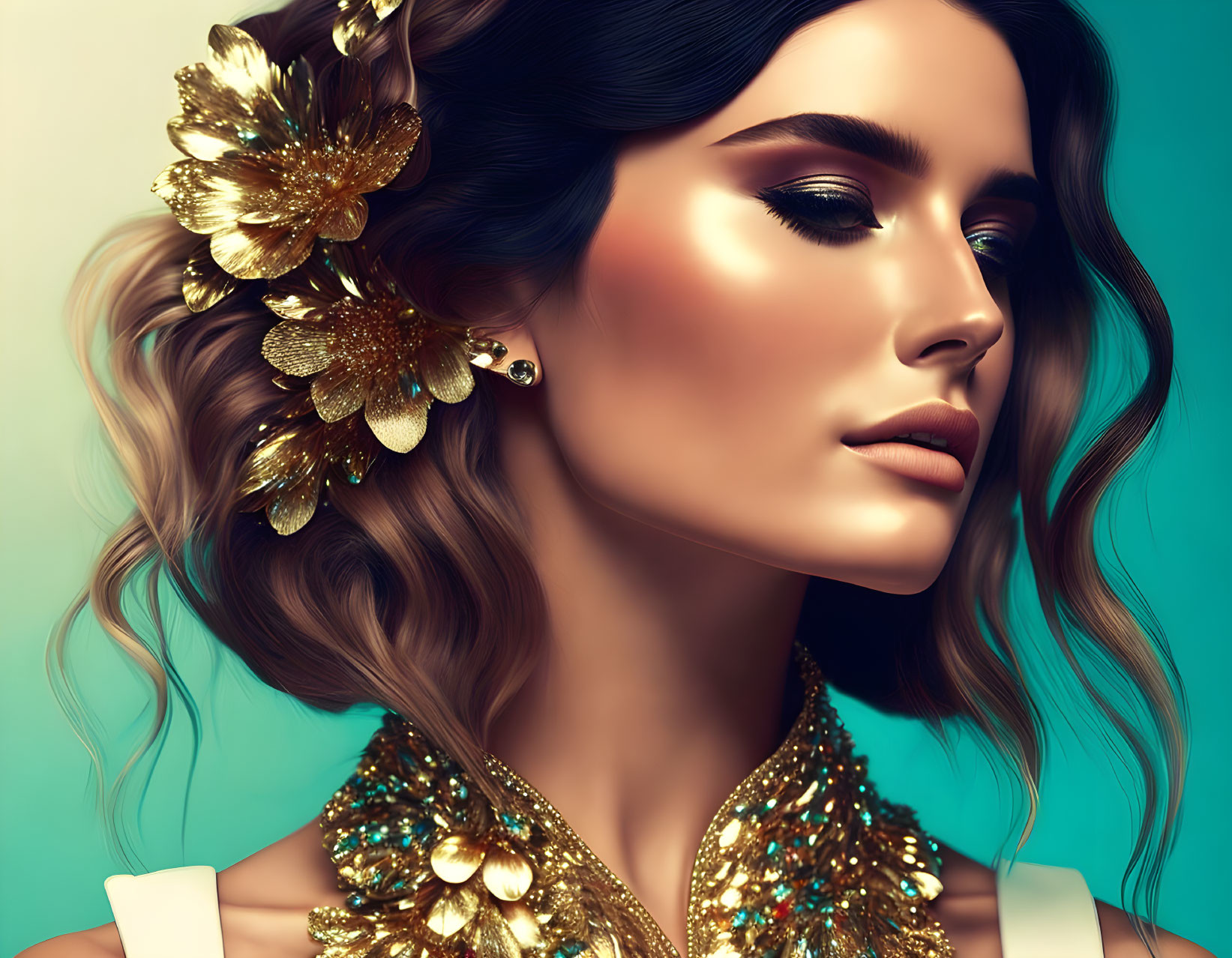 Woman with Wavy Hair, Gold Flowers, Radiant Skin, Bold Makeup on Teal Background