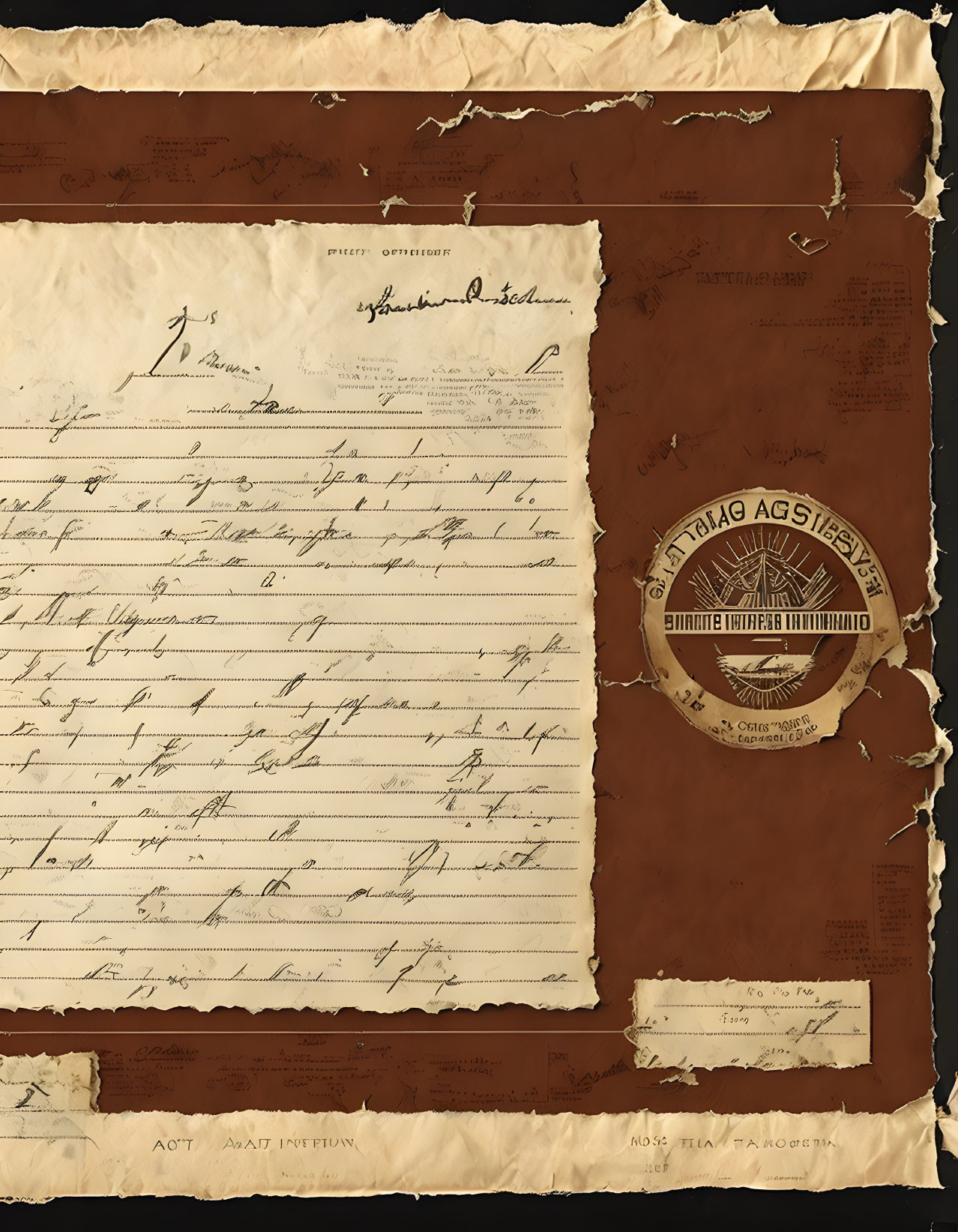 Aged historical document with cursive writing, seals, tears, and burn marks