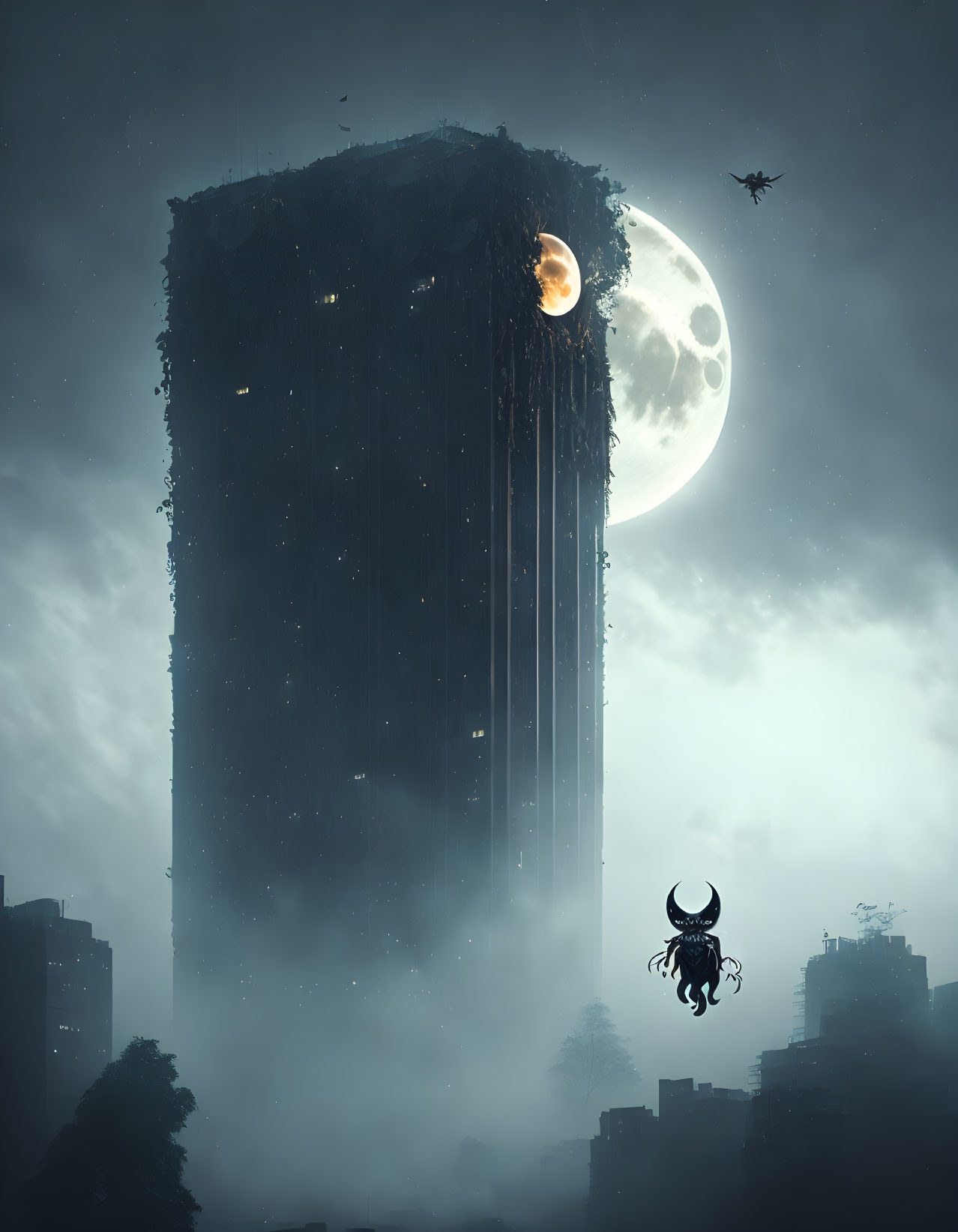 Misty cityscape with towering vine-covered building and helicopter under full moon
