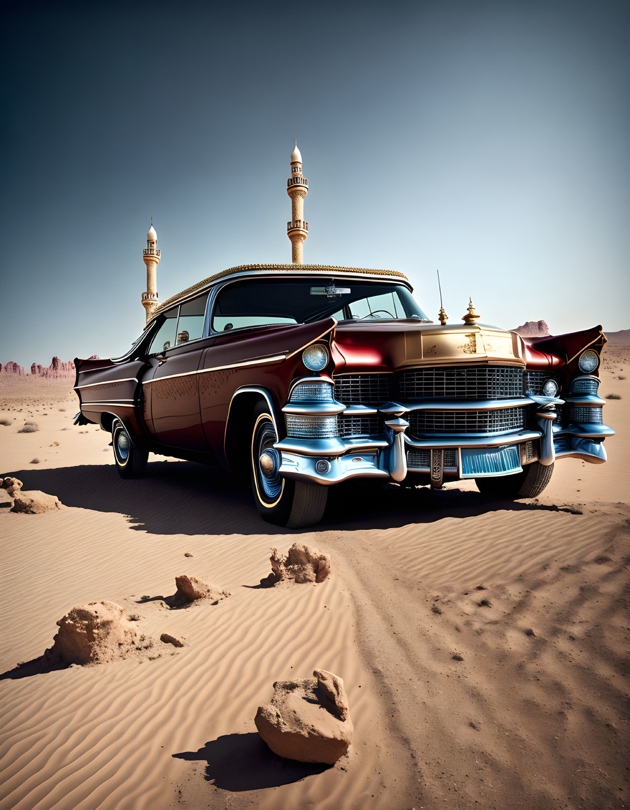 Vintage red and black car with tailfins in desert landscape with mosque and minarets.