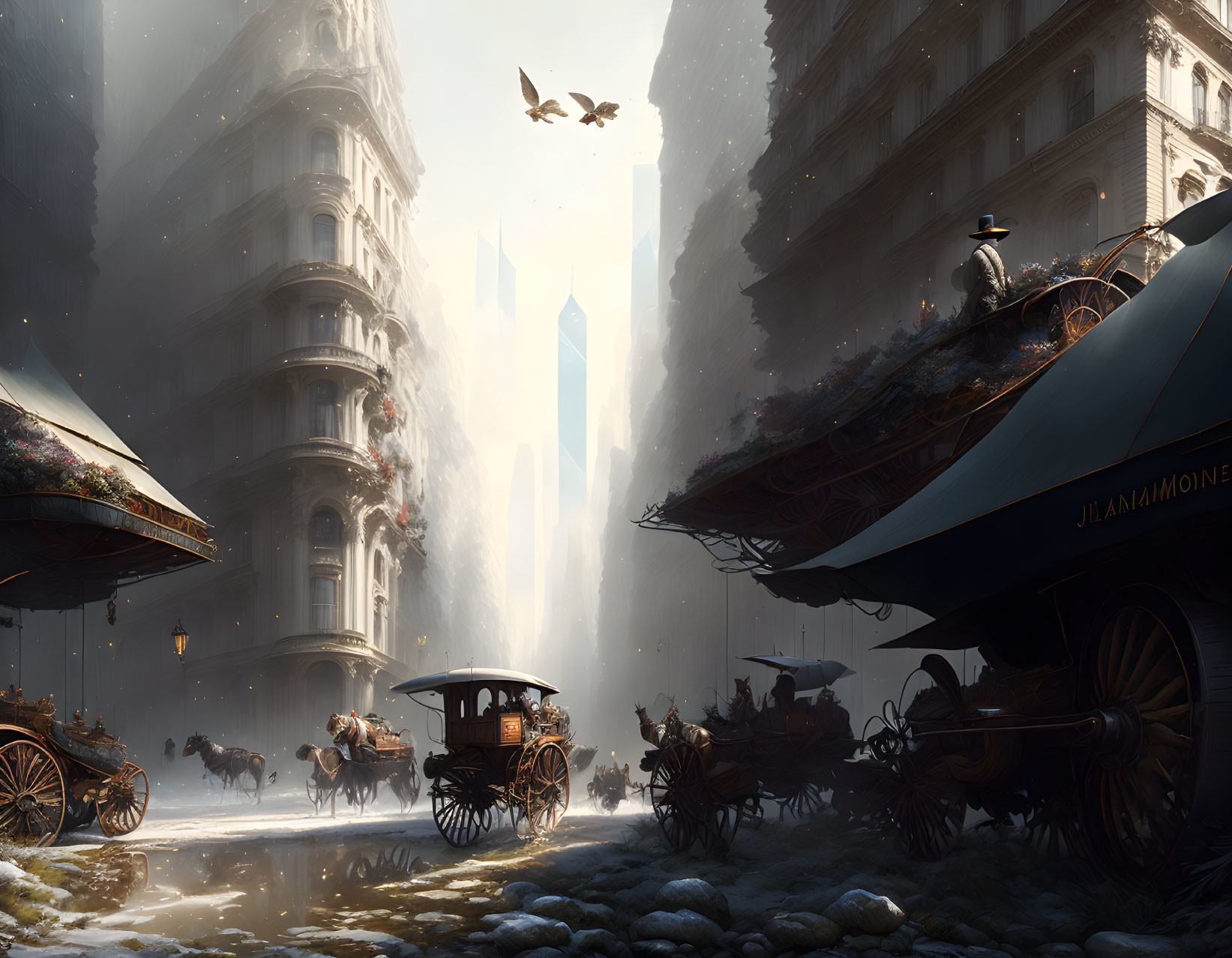 Fantasy cityscape with horse-drawn carriages and mixed architecture
