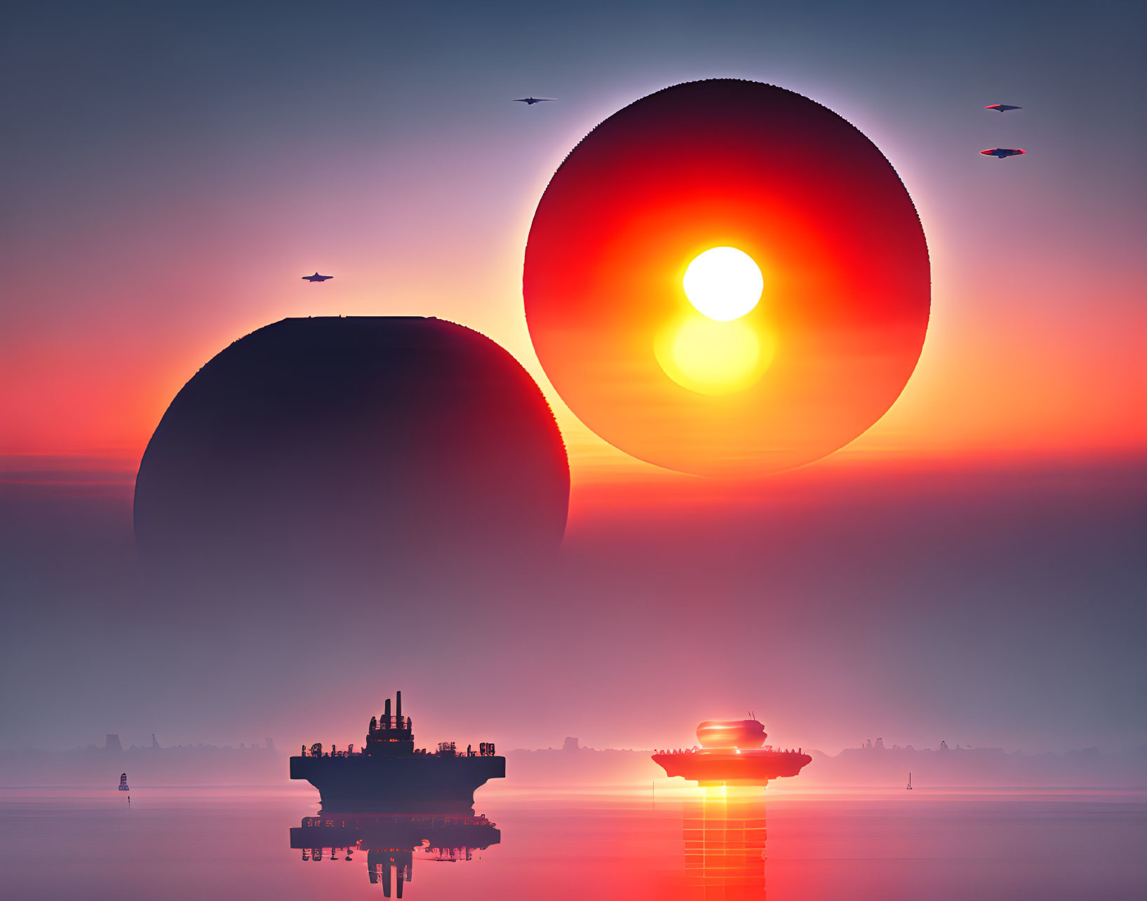 Futuristic landscape with floating circular structures and silhouetted birds
