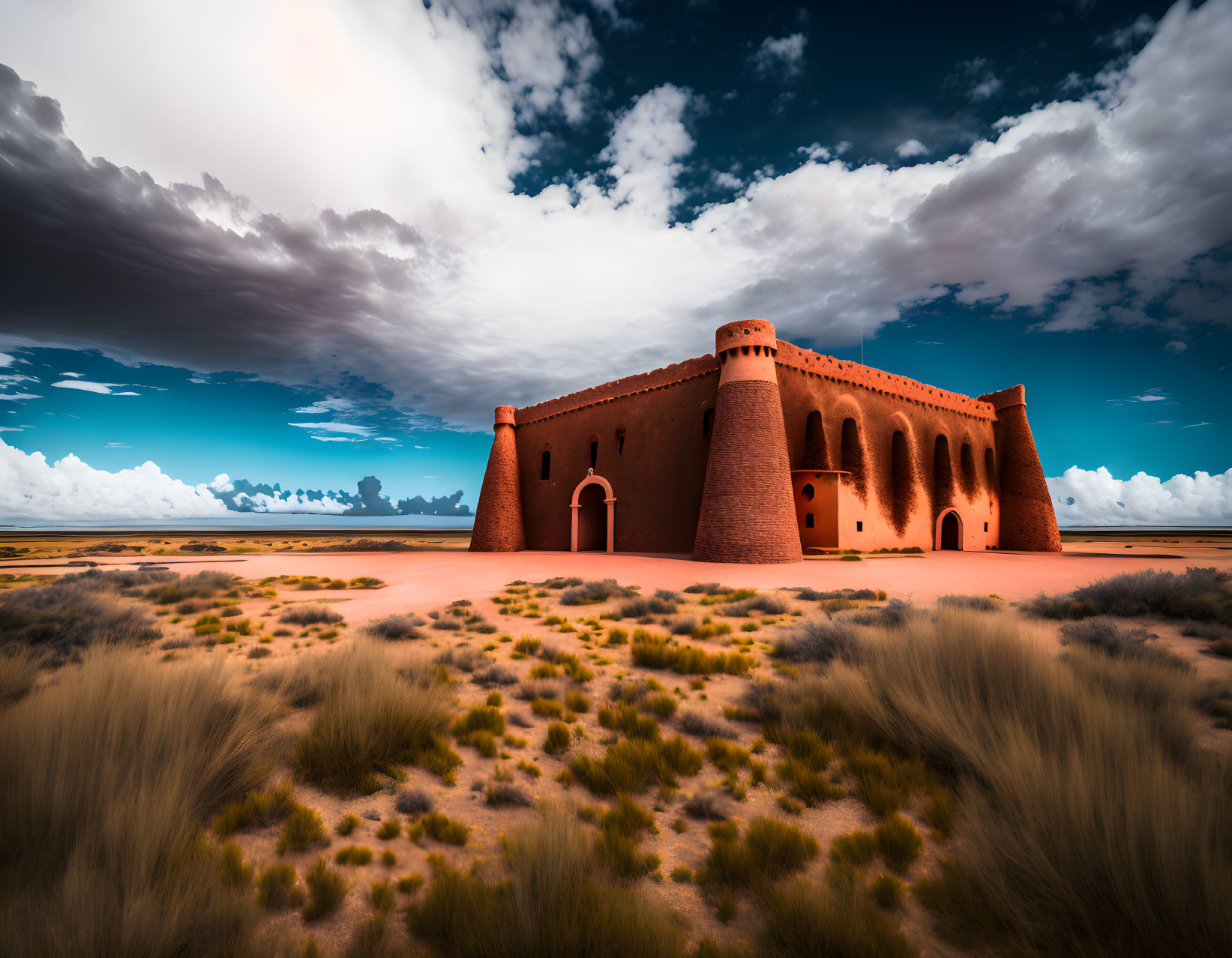 Adobe Fortification in Desert Landscape Under Dramatic Sky
