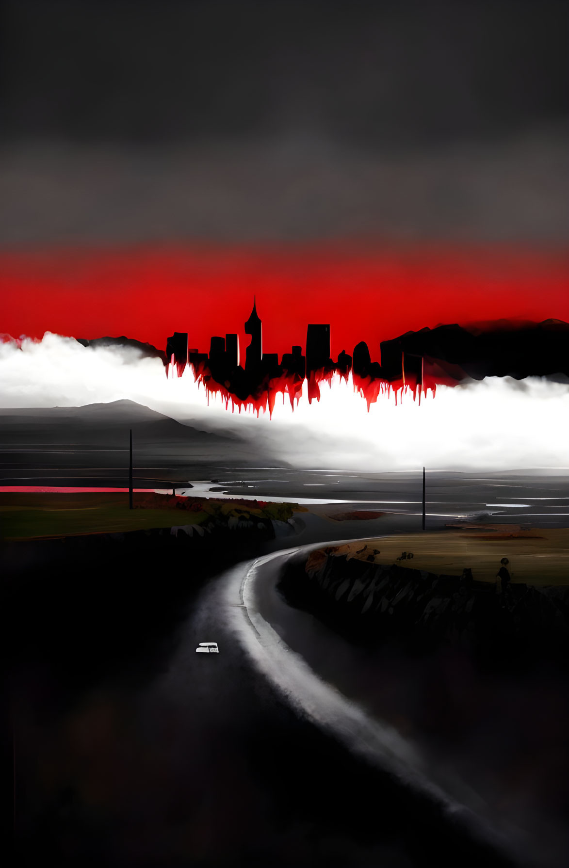 City skyline inverted on red-clouded sky above dark landscape with road and car