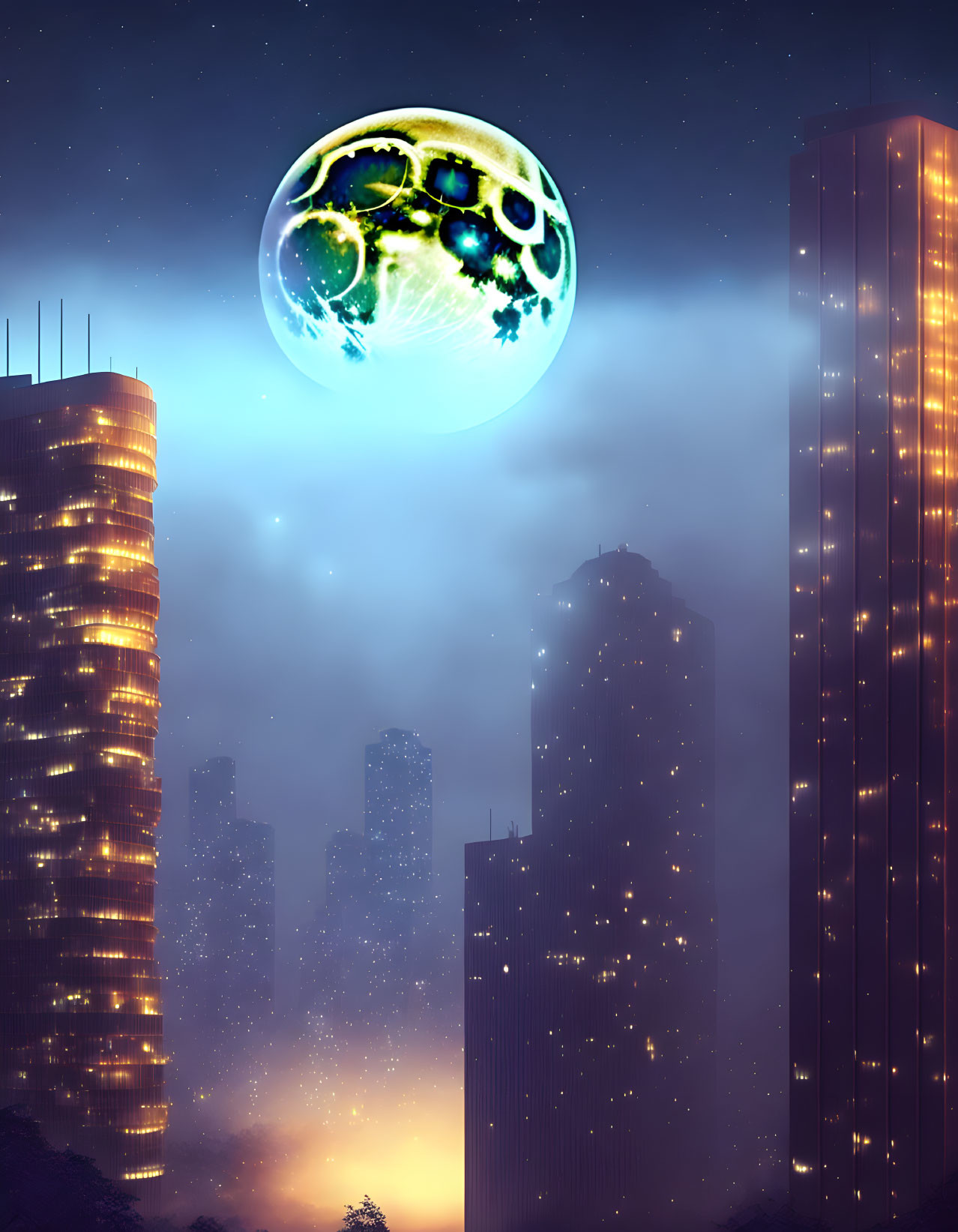Futuristic night cityscape with illuminated skyscrapers under green moon
