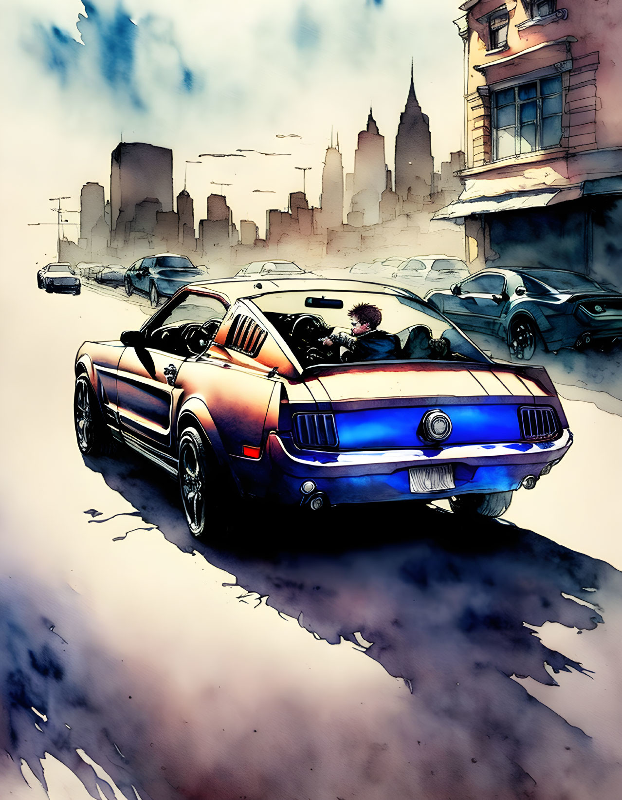 Colorful Watercolor Illustration of Classic Mustang Convertible in Urban Setting