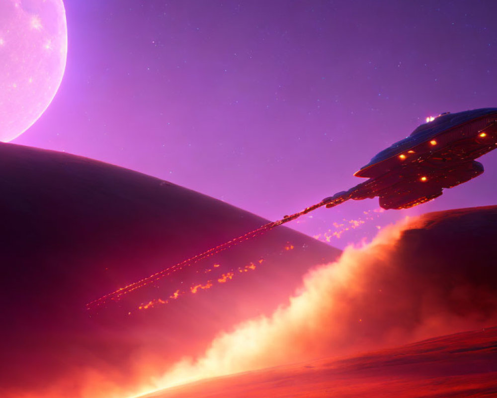 Spaceship hovers above fiery planet with debris trail, purple starry sky, and large moon