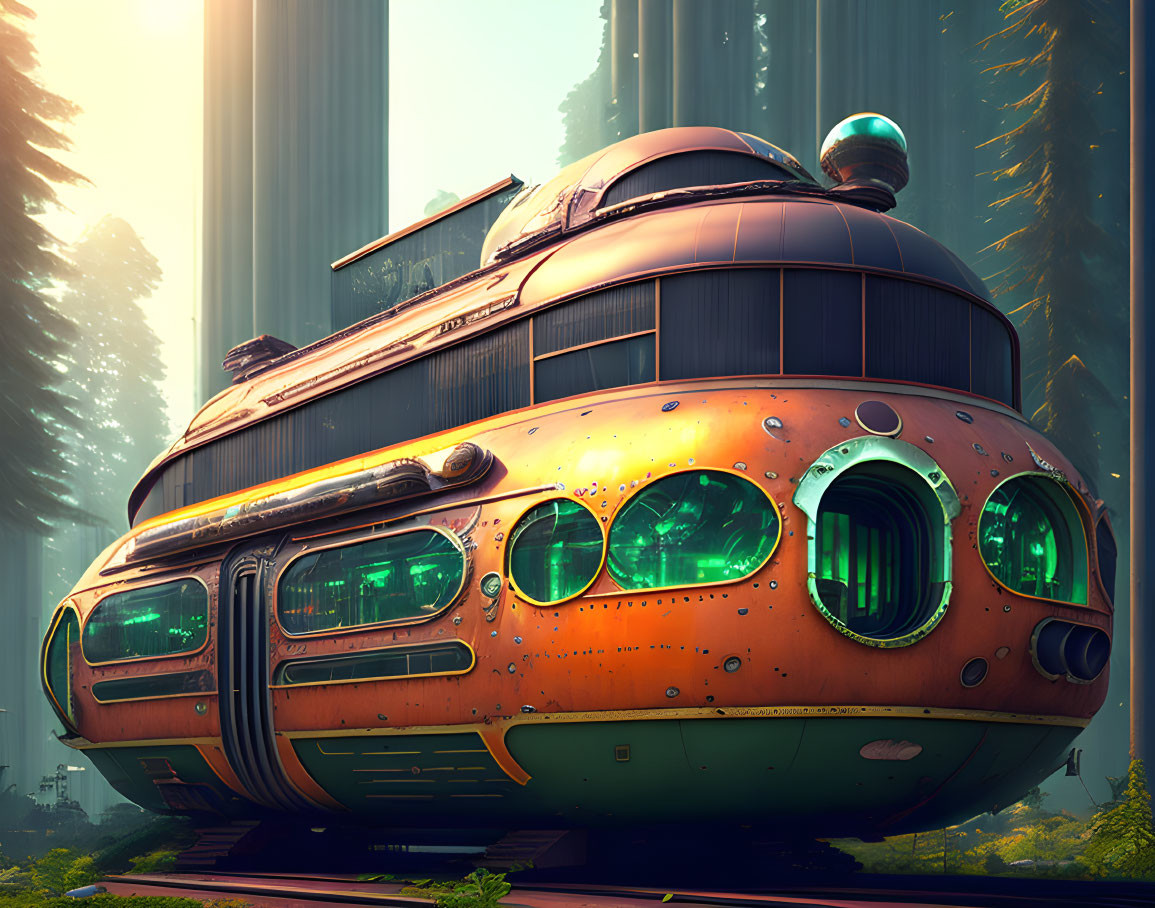 Rust-covered futuristic vehicle in forest with large windows & round door