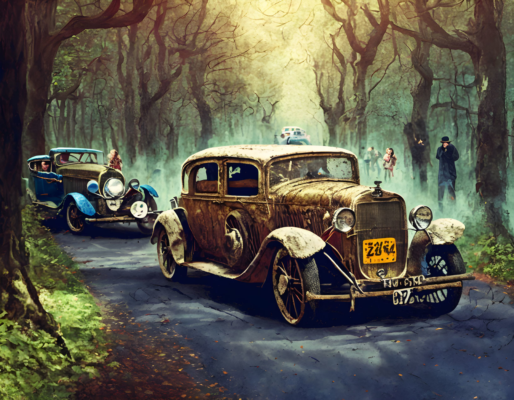 Vintage Cars and People in Period Clothing on Forest Road