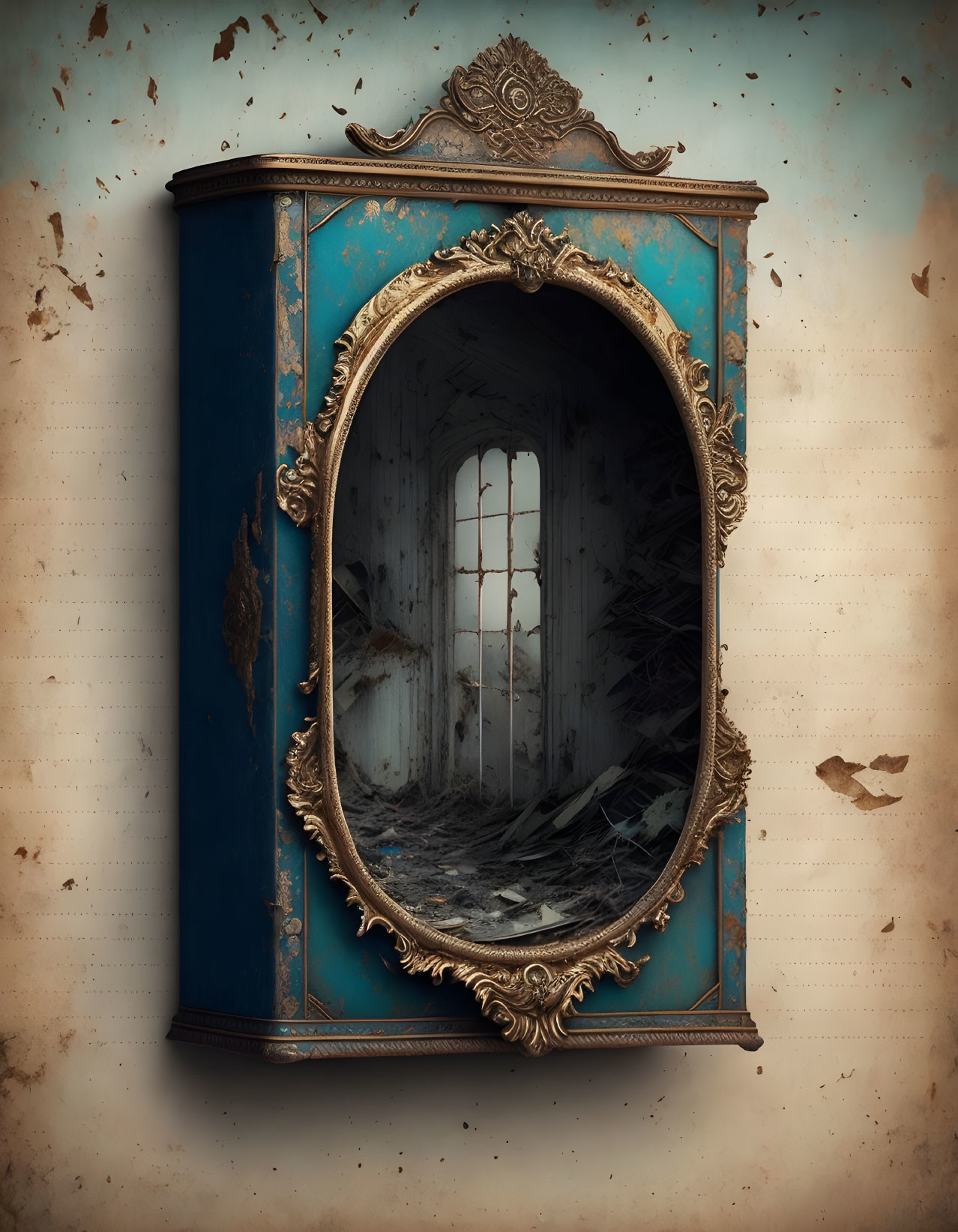 Vintage Blue Framed Mirror Reflects Abandoned Interior with Barred Window