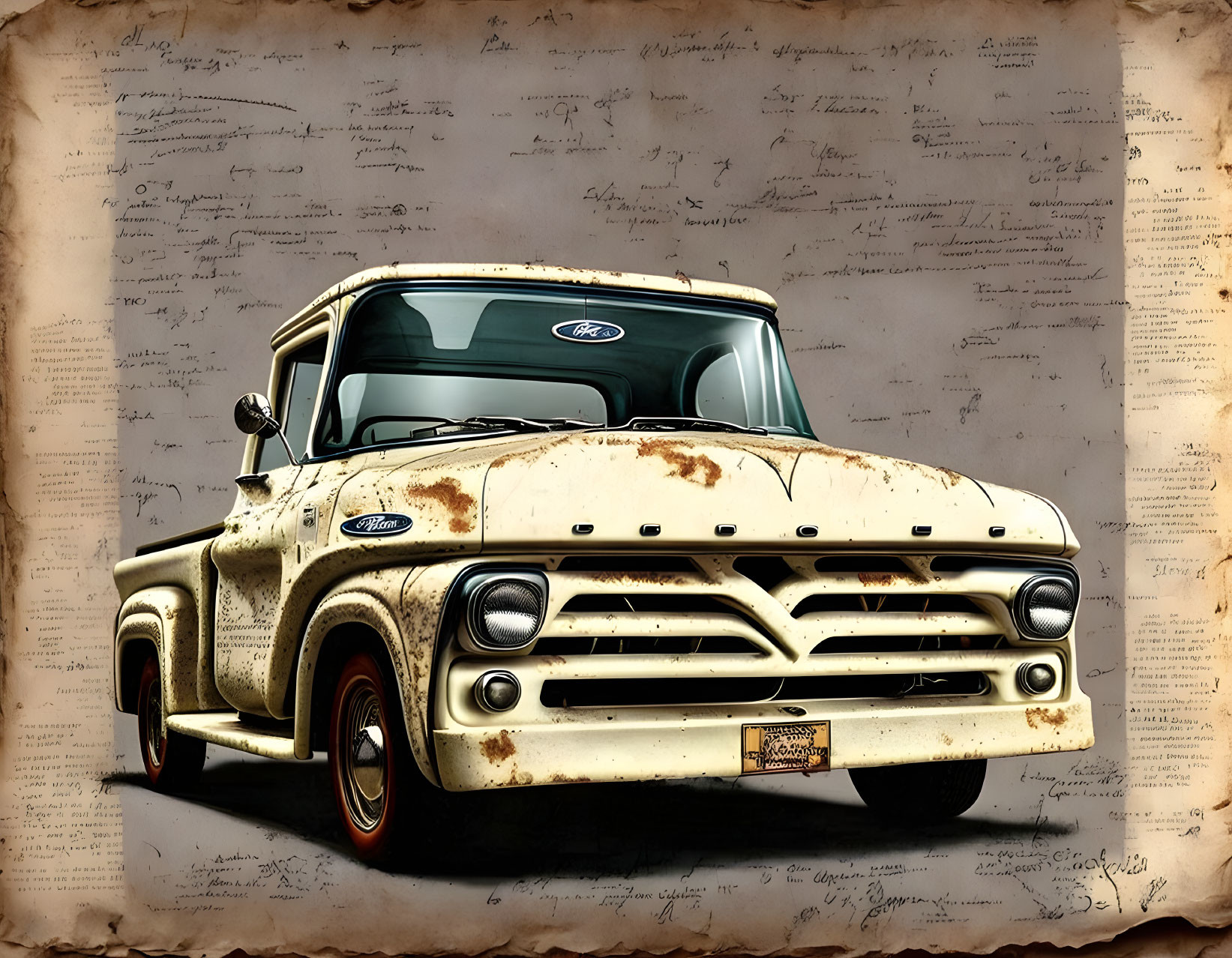 Vintage Ford Pickup Truck on Aged Paper with Illegible Handwriting