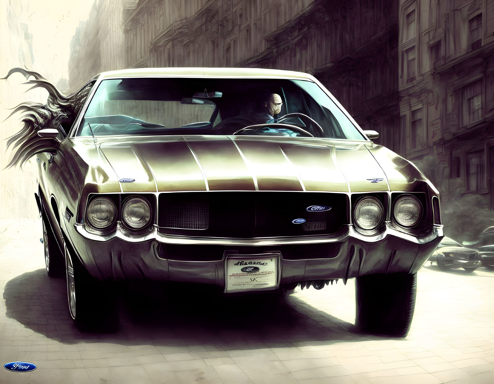 Digital Artwork: Person Driving Classic Ford Mustang with Racing Stripes