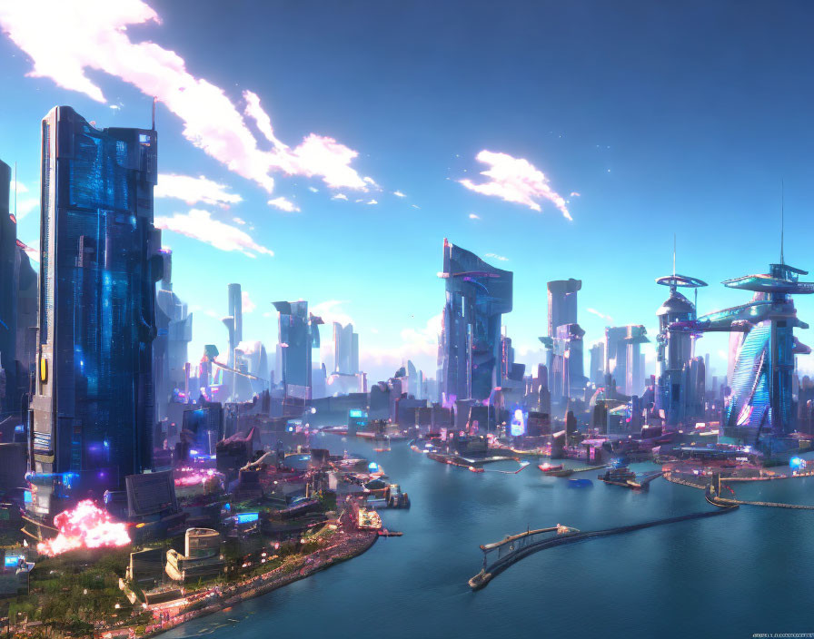 Futuristic cityscape with skyscrapers, neon lights, and waterways at dusk