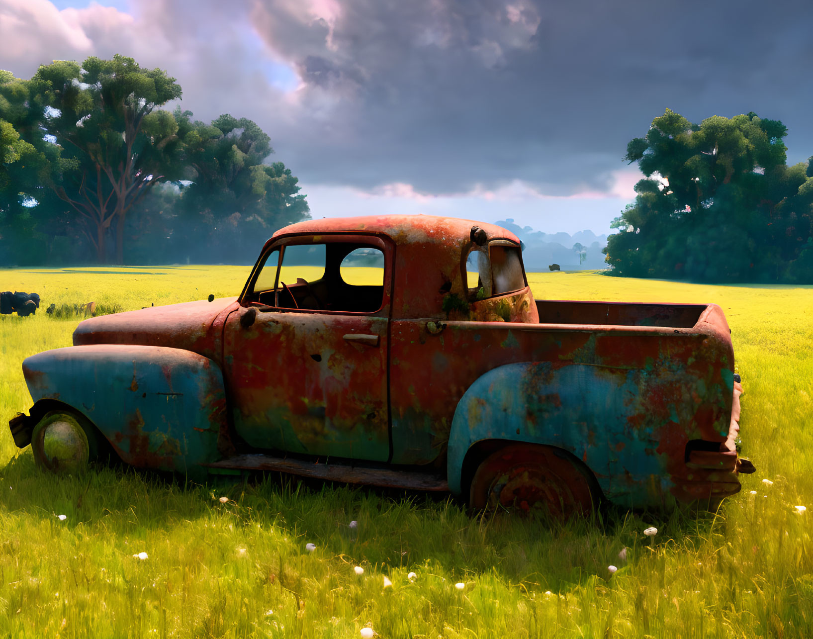 Rusty blue pickup truck in sunny field with tall grass and white flowers