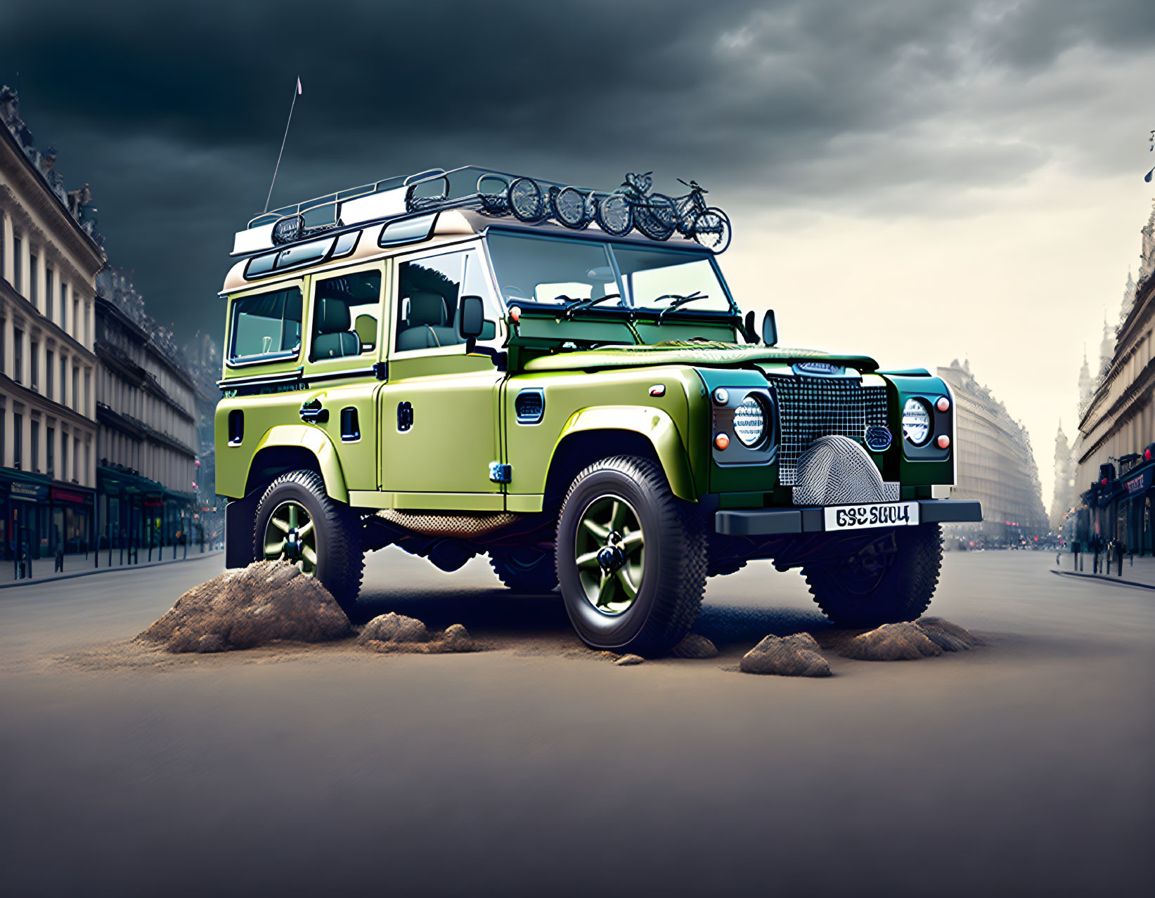 Lime Green Land Rover Defender with Roof Rack and Lights on Street