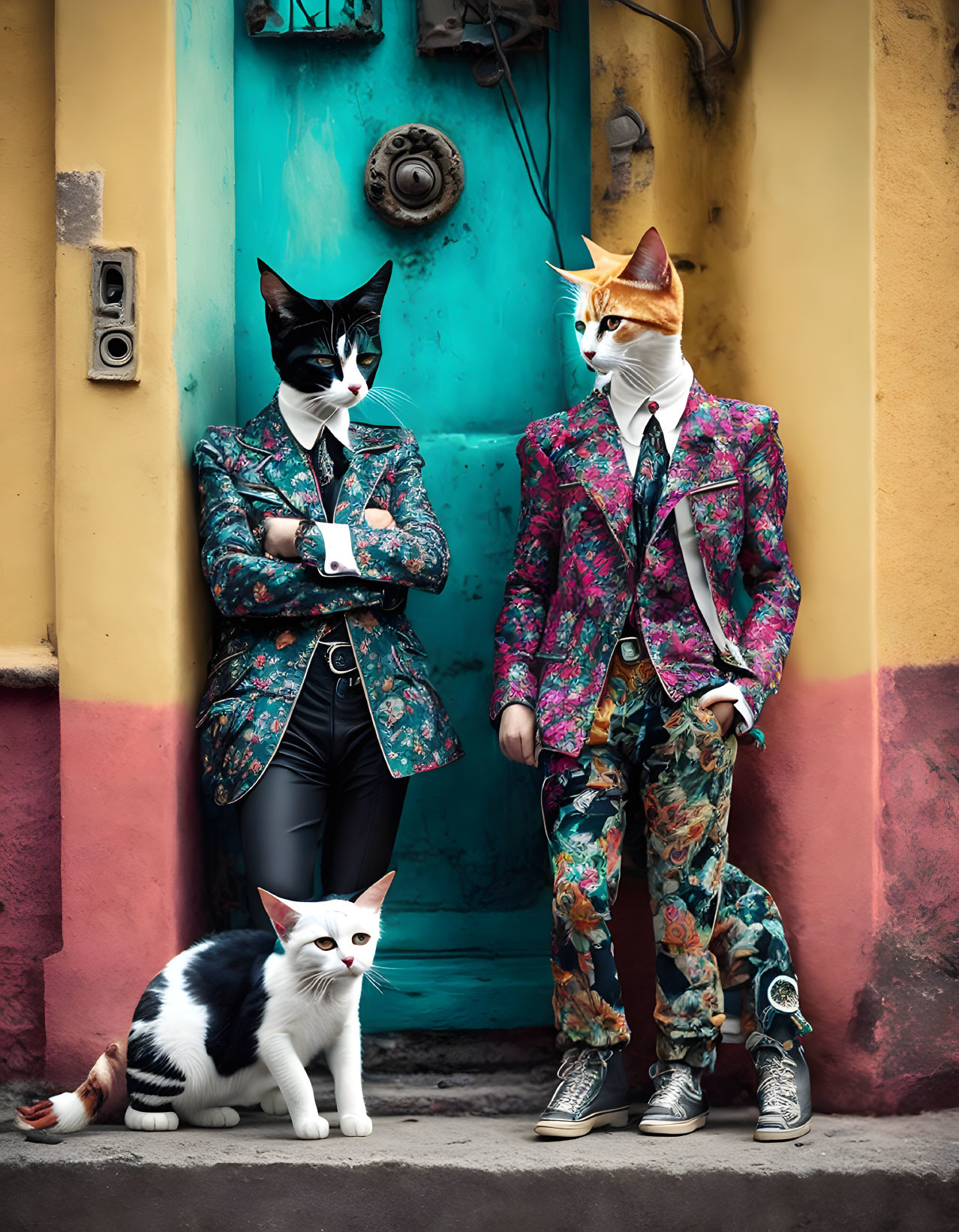 Colorful cat-headed individuals posing against vibrant wall with real cat.