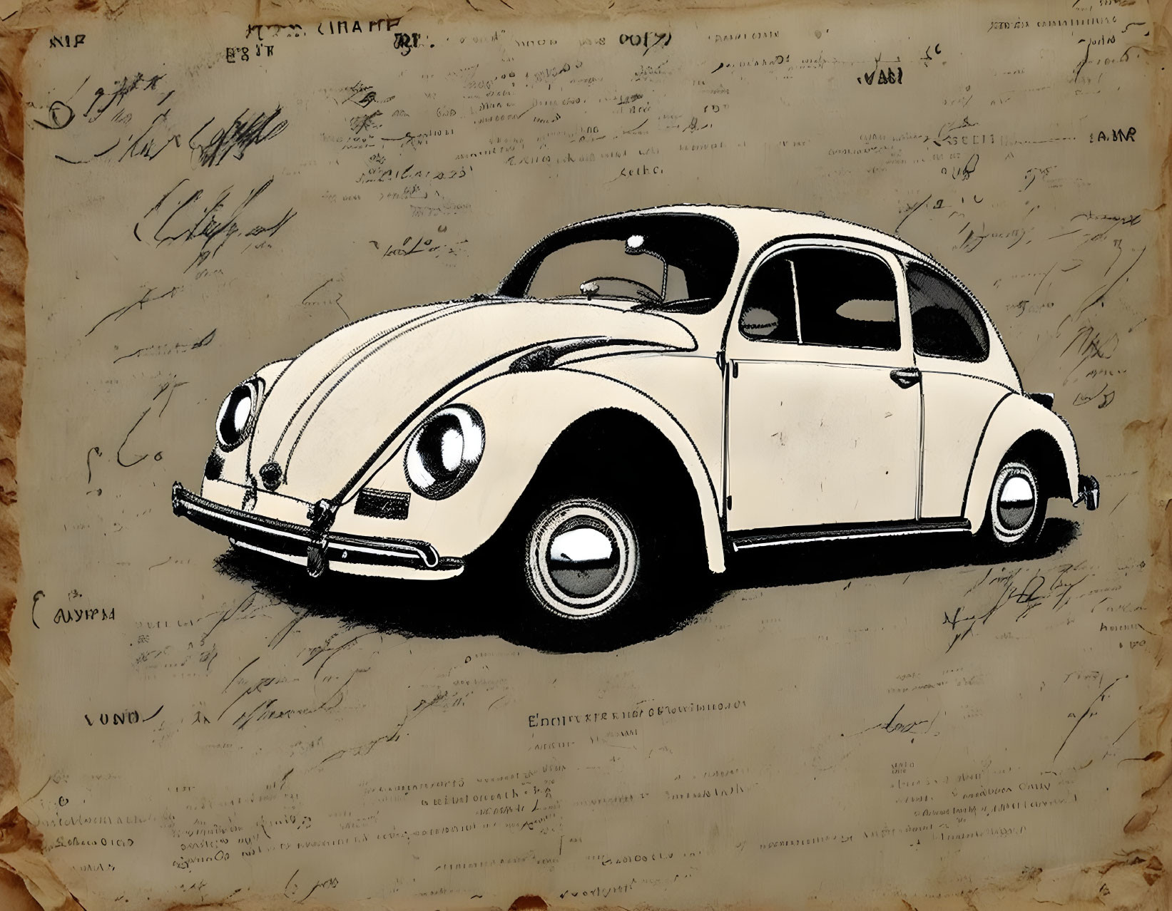 Vintage-style Illustration of Classic Volkswagen Beetle on Aged Paper Background