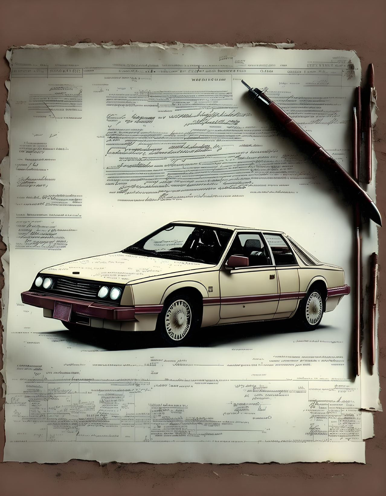 Detailed vintage car illustration with schematics and notes on aged documents.