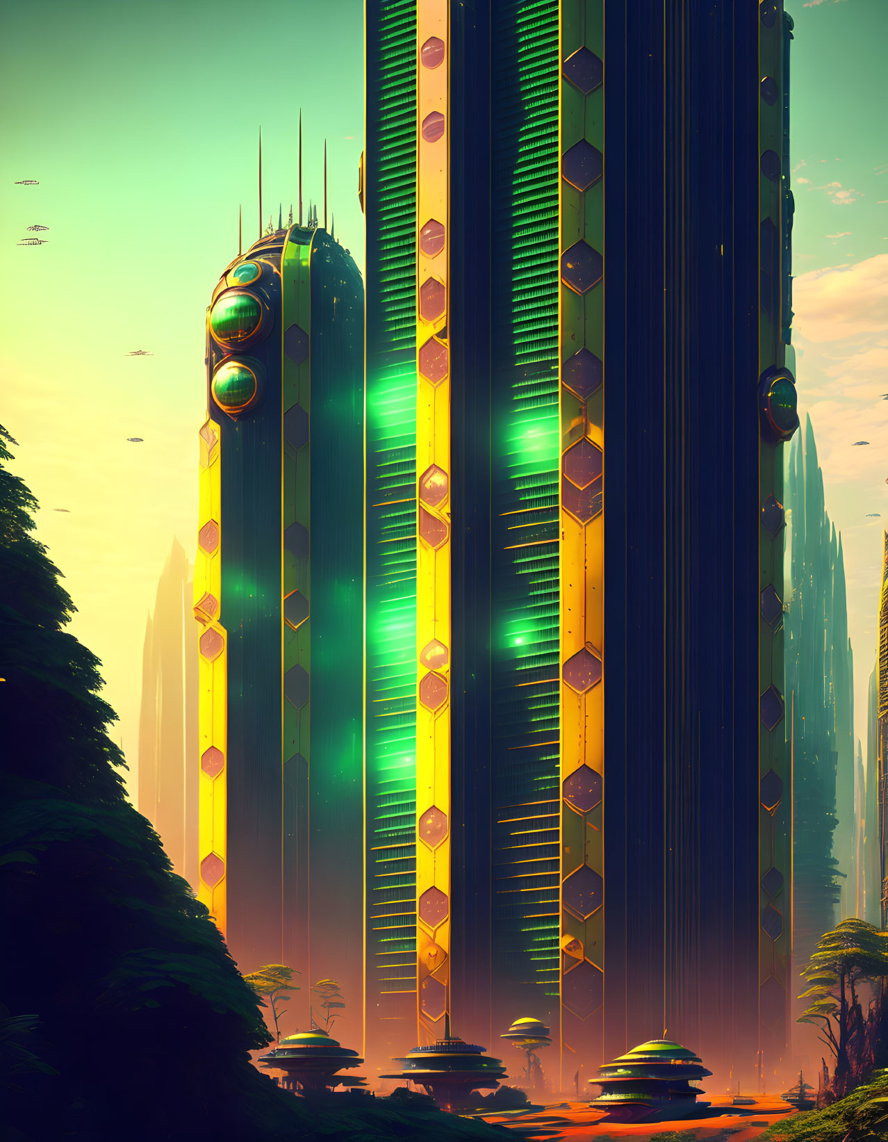 Futuristic skyscrapers with glowing patterns in vibrant alien forest