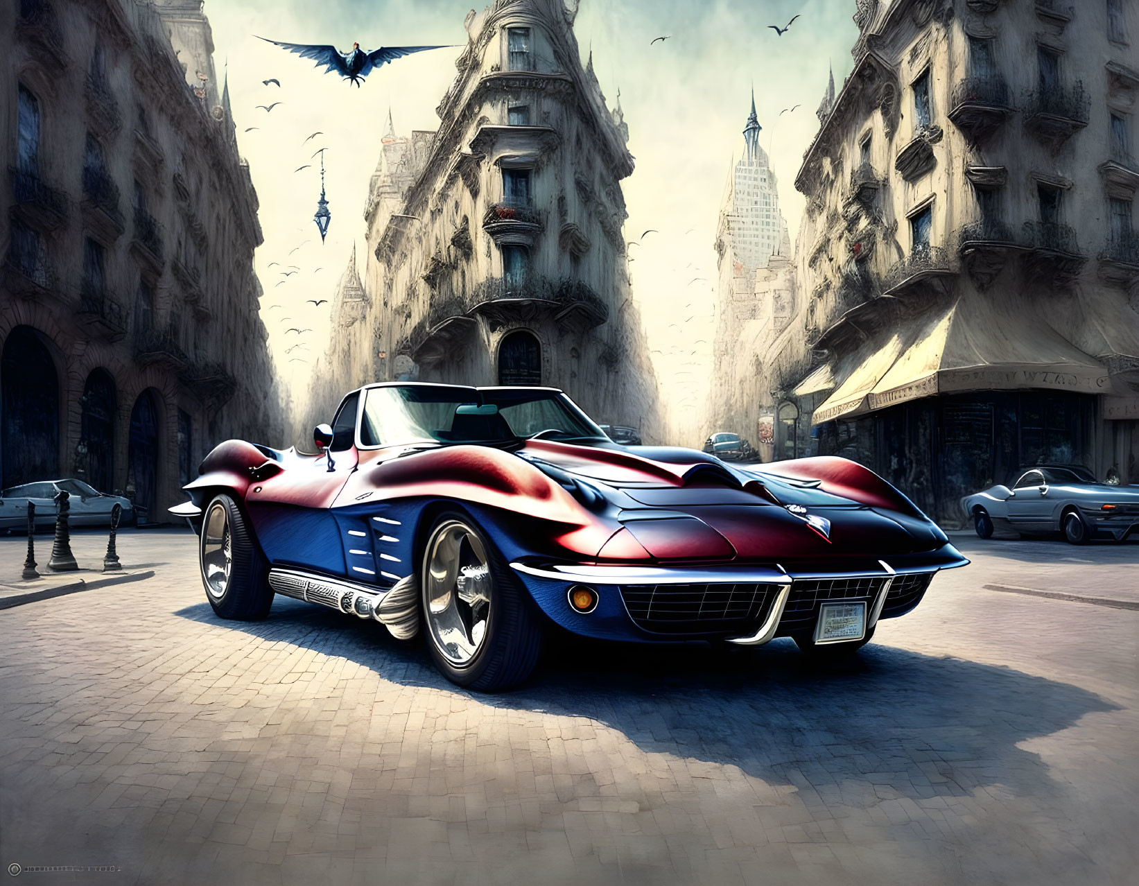 Vintage Blue Corvette with Red Stripes on City Street with Aged Buildings and Birds in Sky