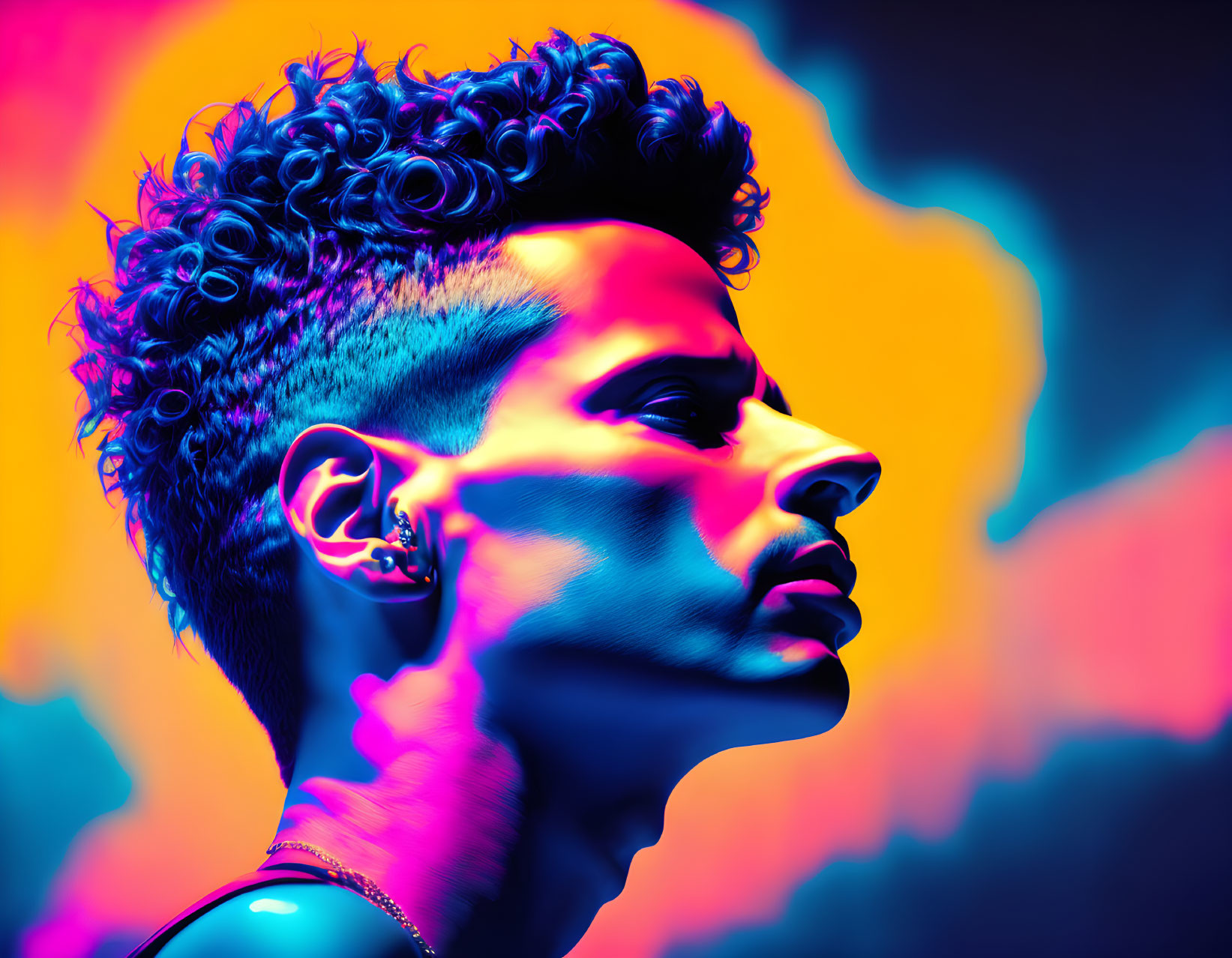 Curly Haired Person on Neon Background
